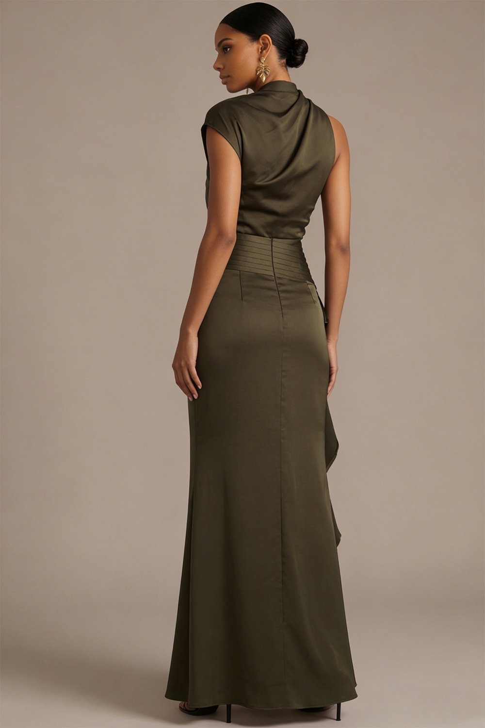 Army Green Formal Evening Dress Asymmetrical Neck Ruffle Maxi Dress