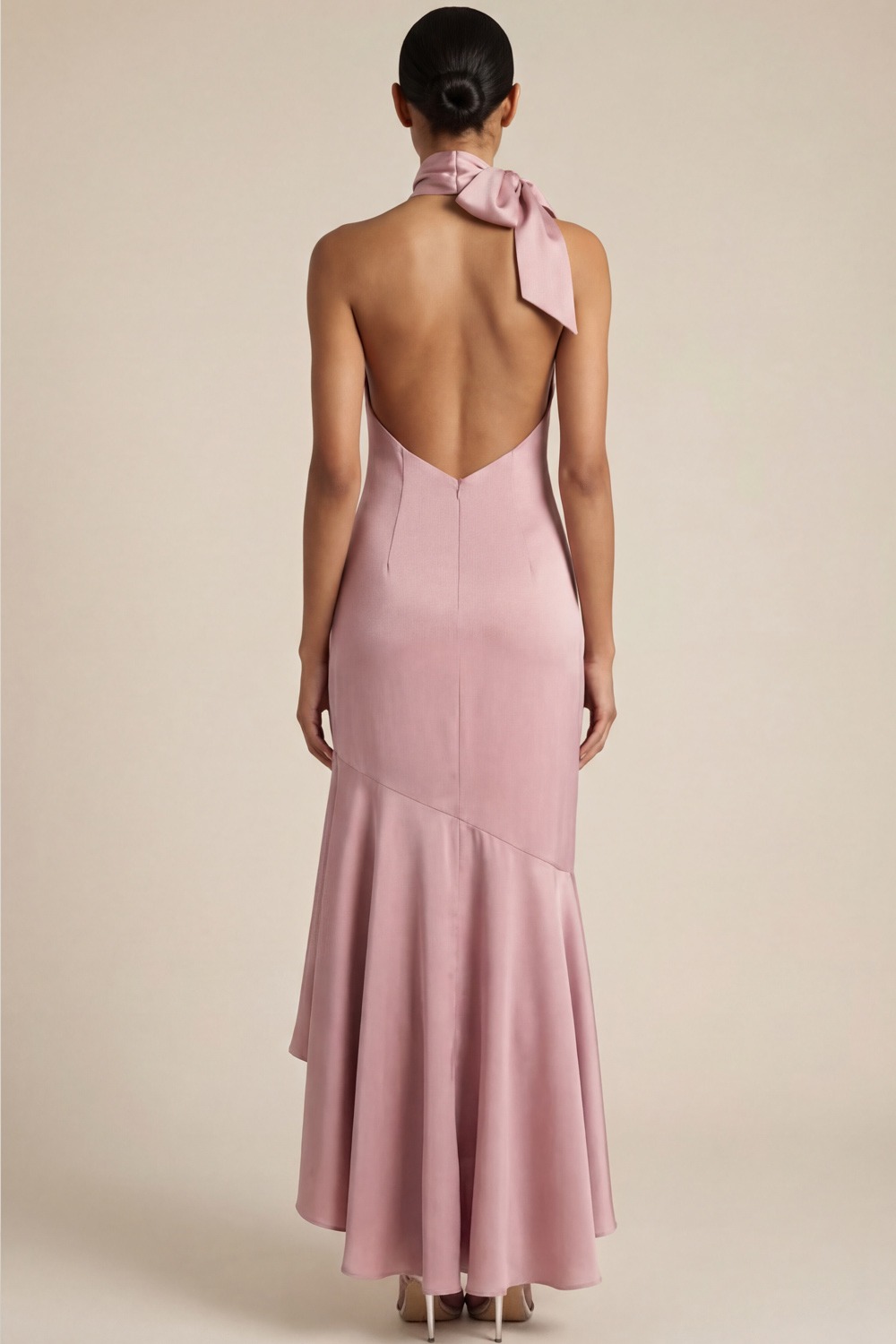 Pink Formal Evening Dress Mermaid Halter Satin Maxi Dress