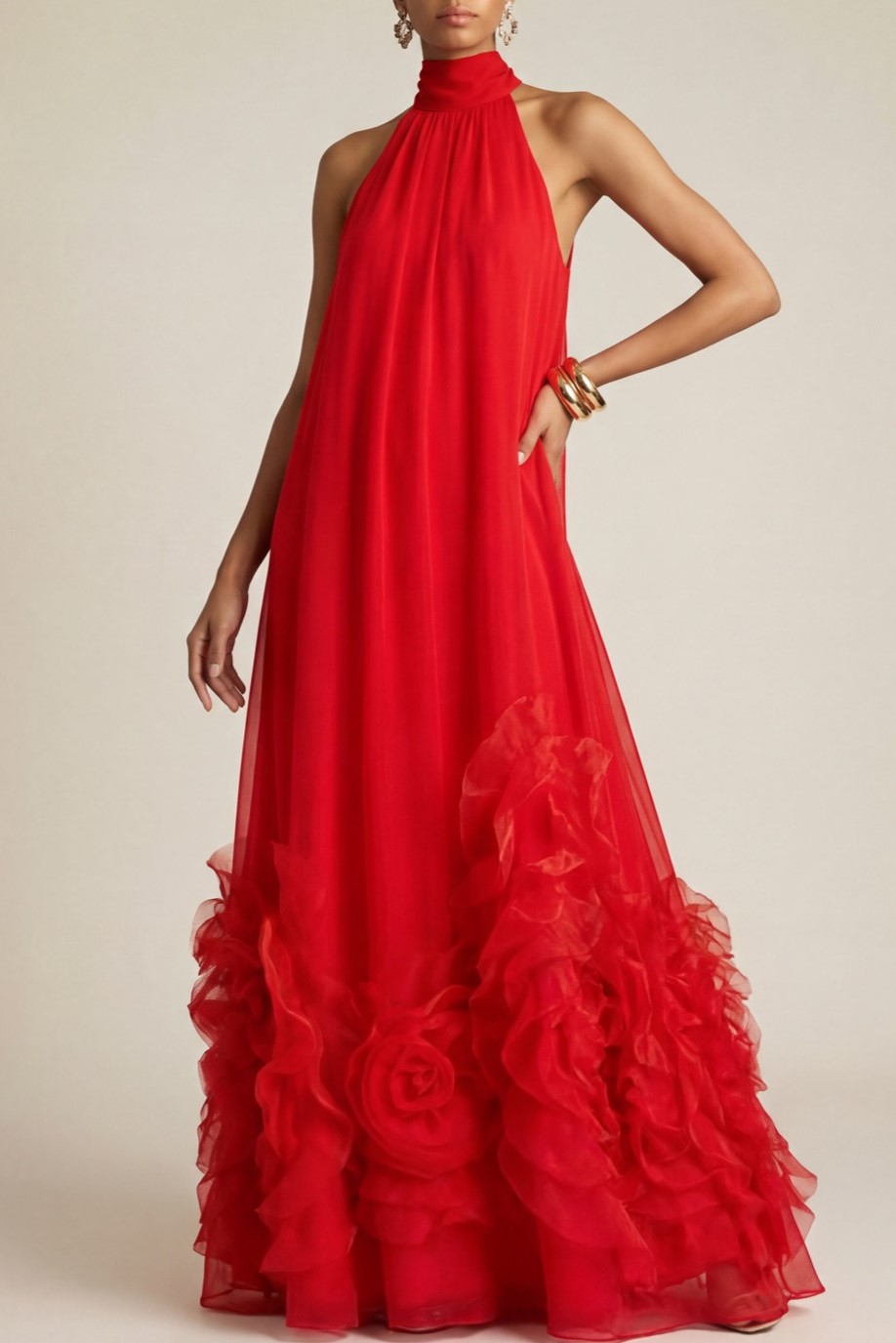 Red Formal Evening Dress A-Line Halter 3D Flower Maxi Dress