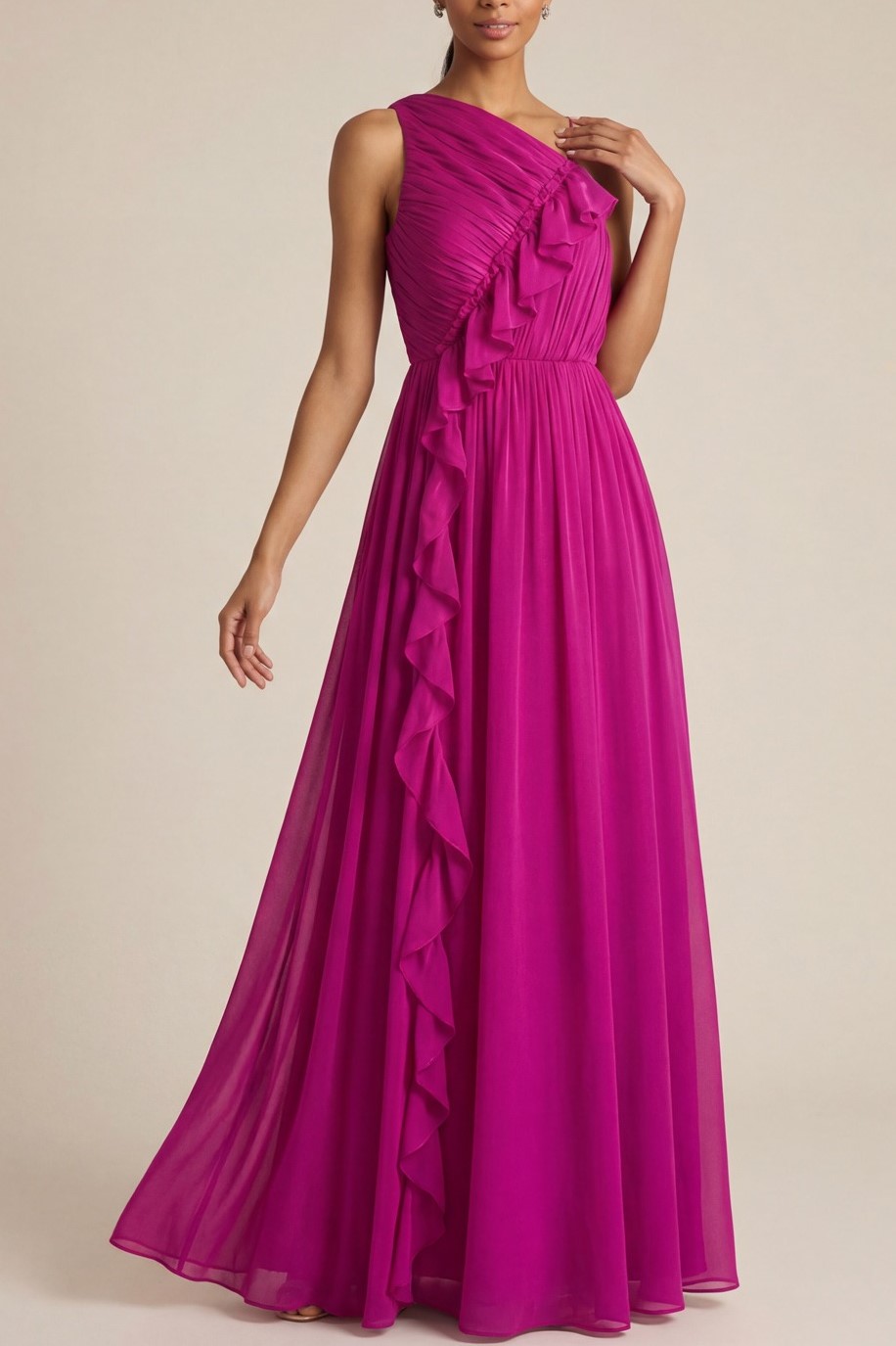 Fuchsia Formal Evening Dress One Shoulder Chiffon Ruffle Maxi Dress