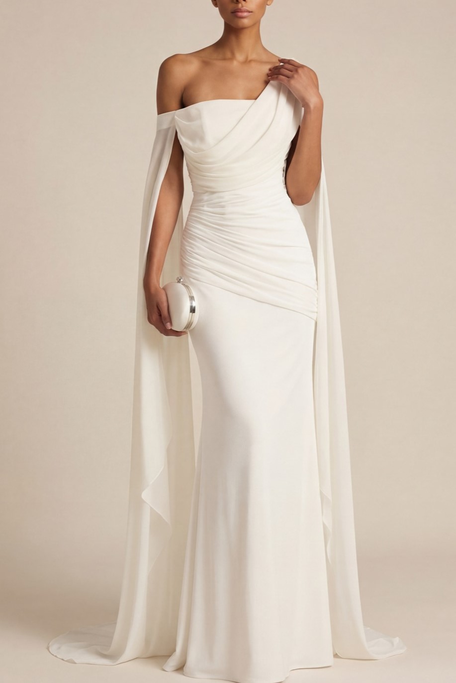 White Formal Dress Mermaid One Shoulder Chiffon Maxi Dress with Cape