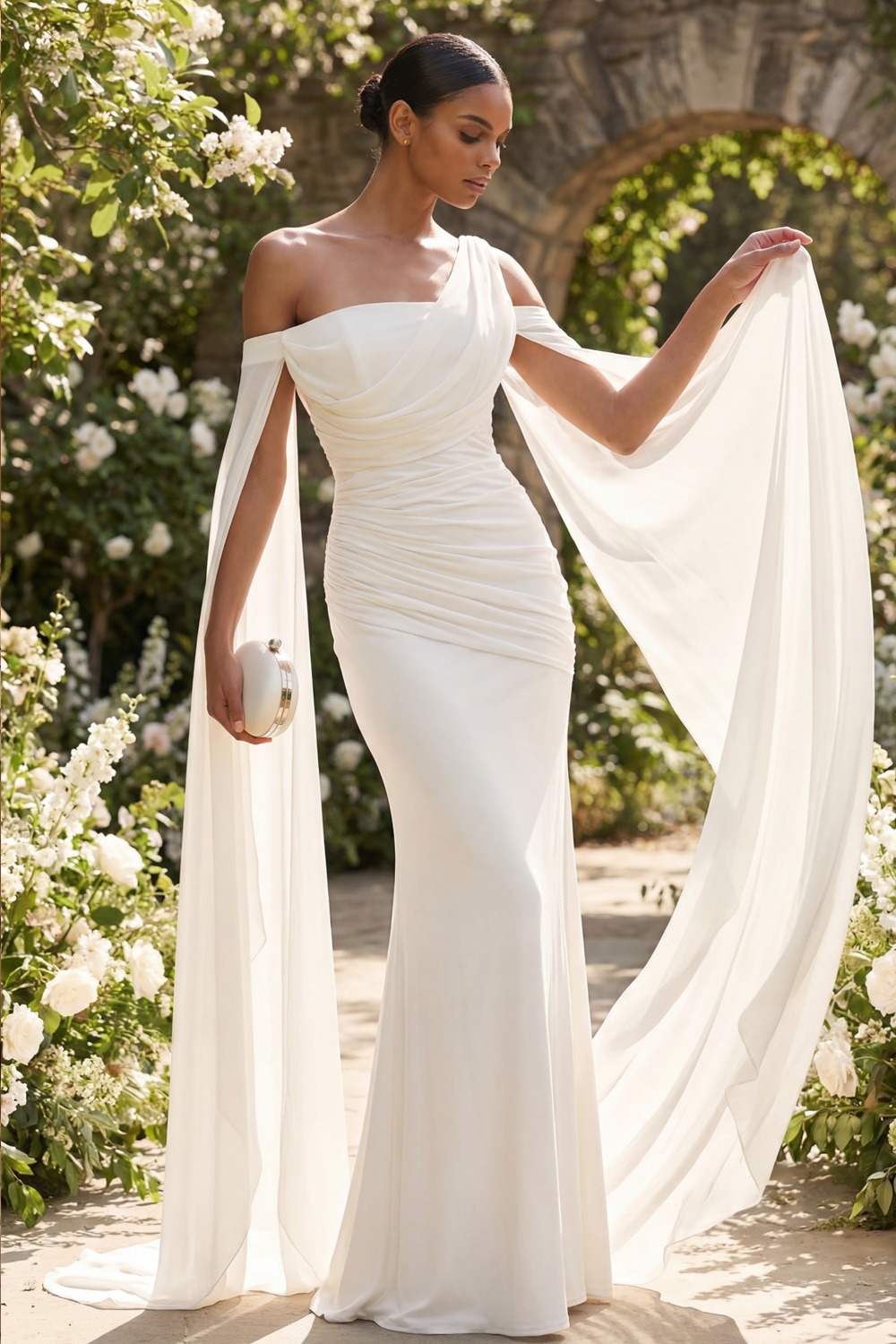 White Formal Dress Mermaid One Shoulder Chiffon Maxi Dress with Cape