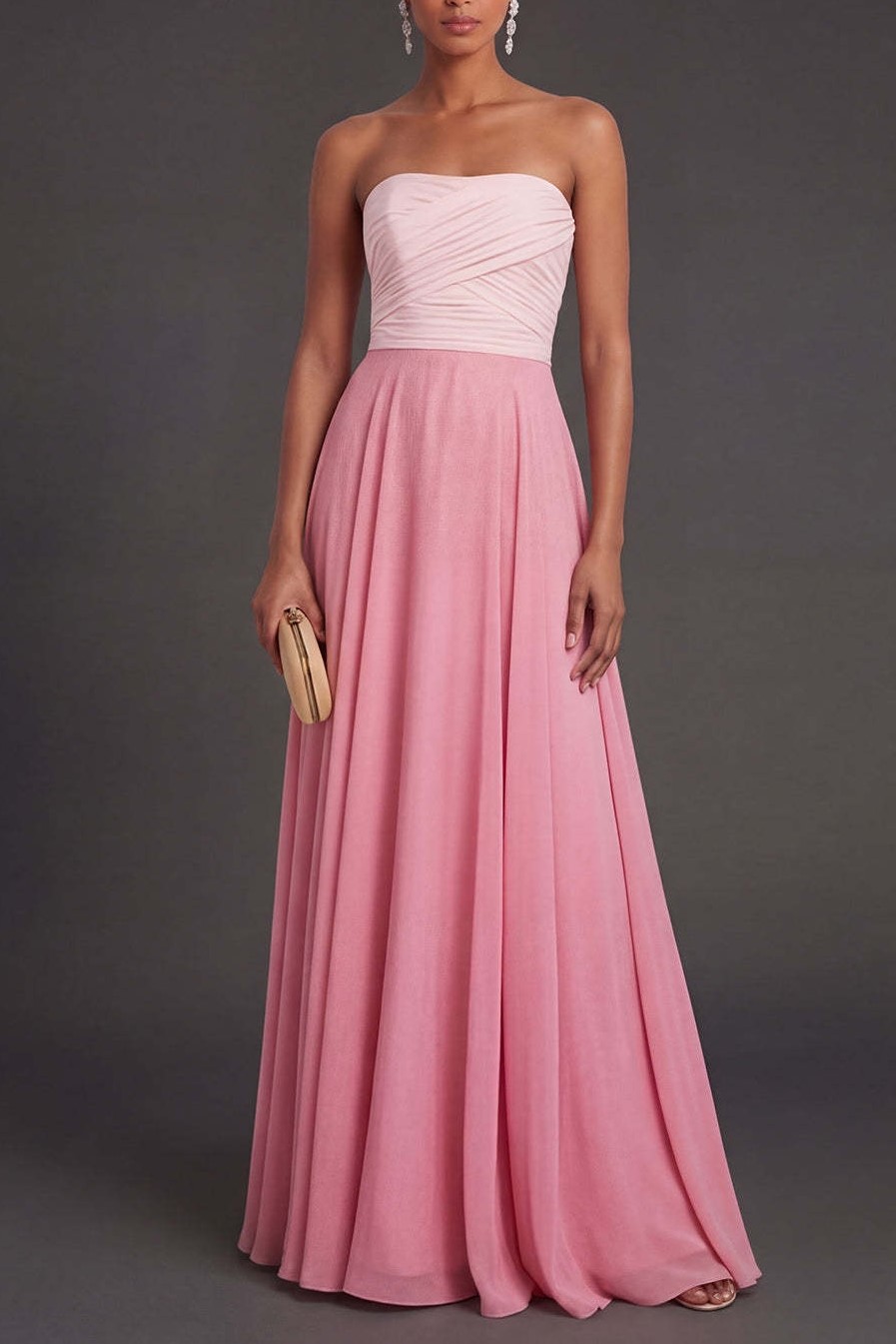 A Line Pink Strapless Ruched Long Formal Dress