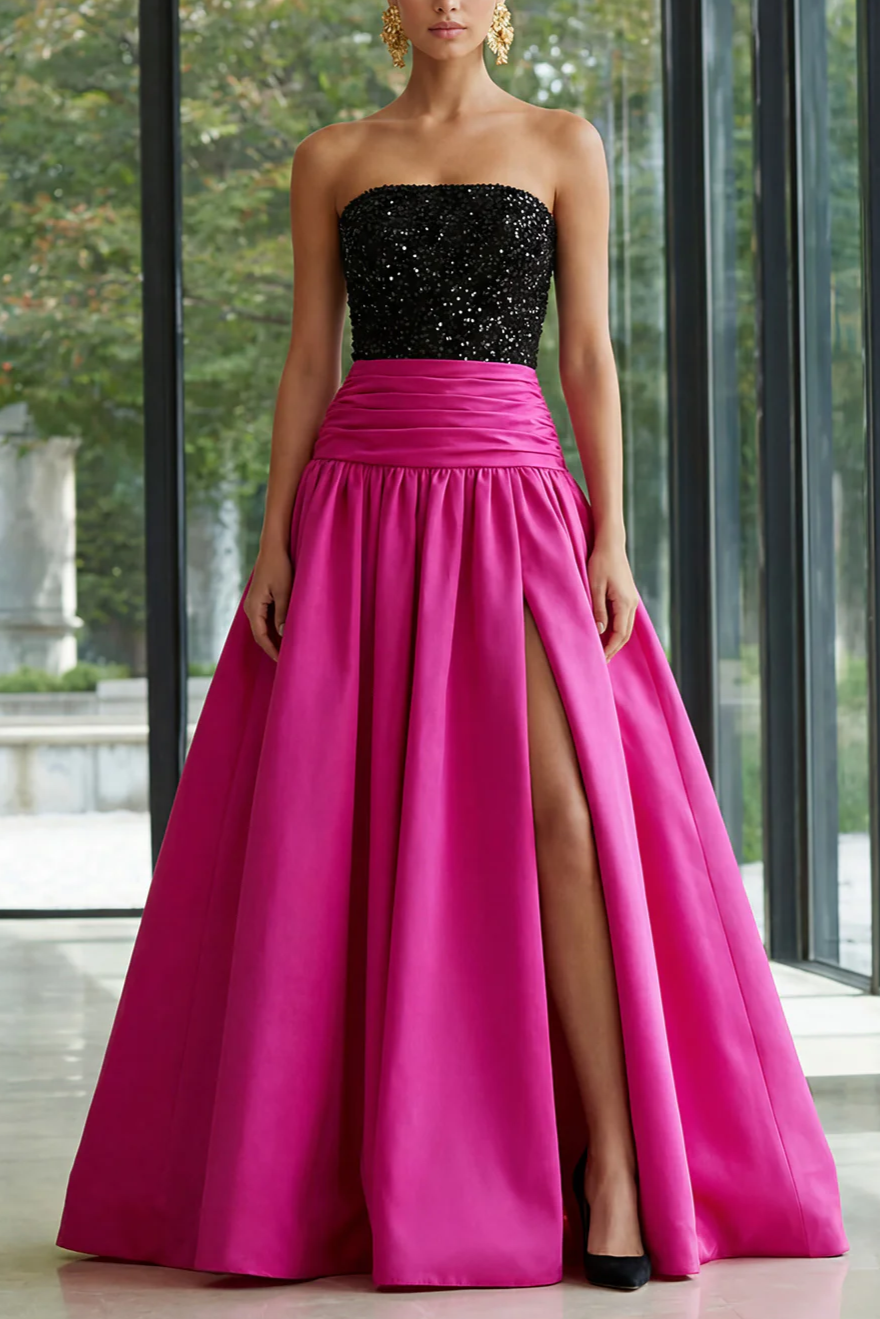 Sparkly Fuchsia and Black A Line Long Strapless Patchwork Formal Dress