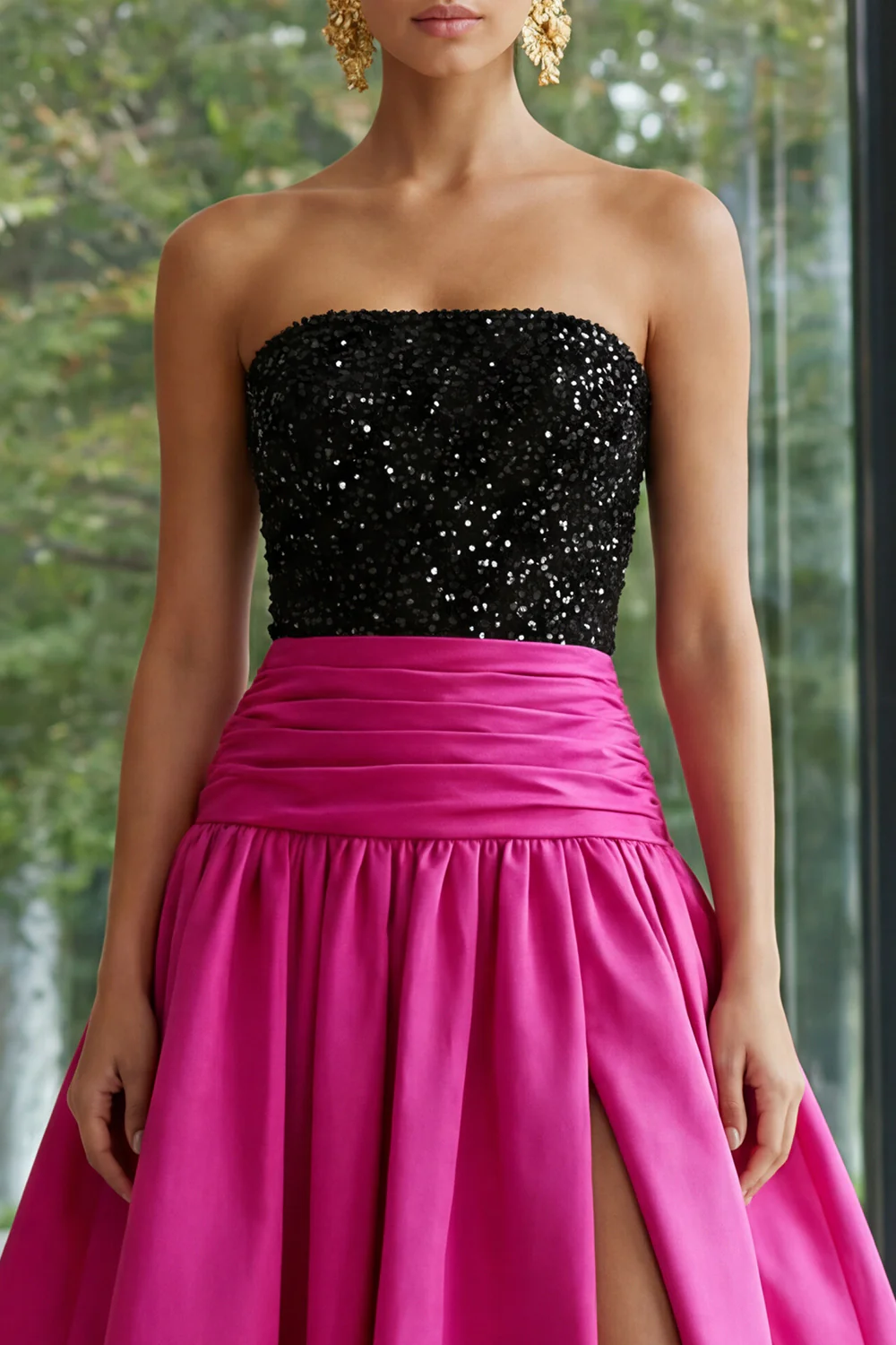 Sparkly Fuchsia and Black A Line Long Strapless Patchwork Formal Dress