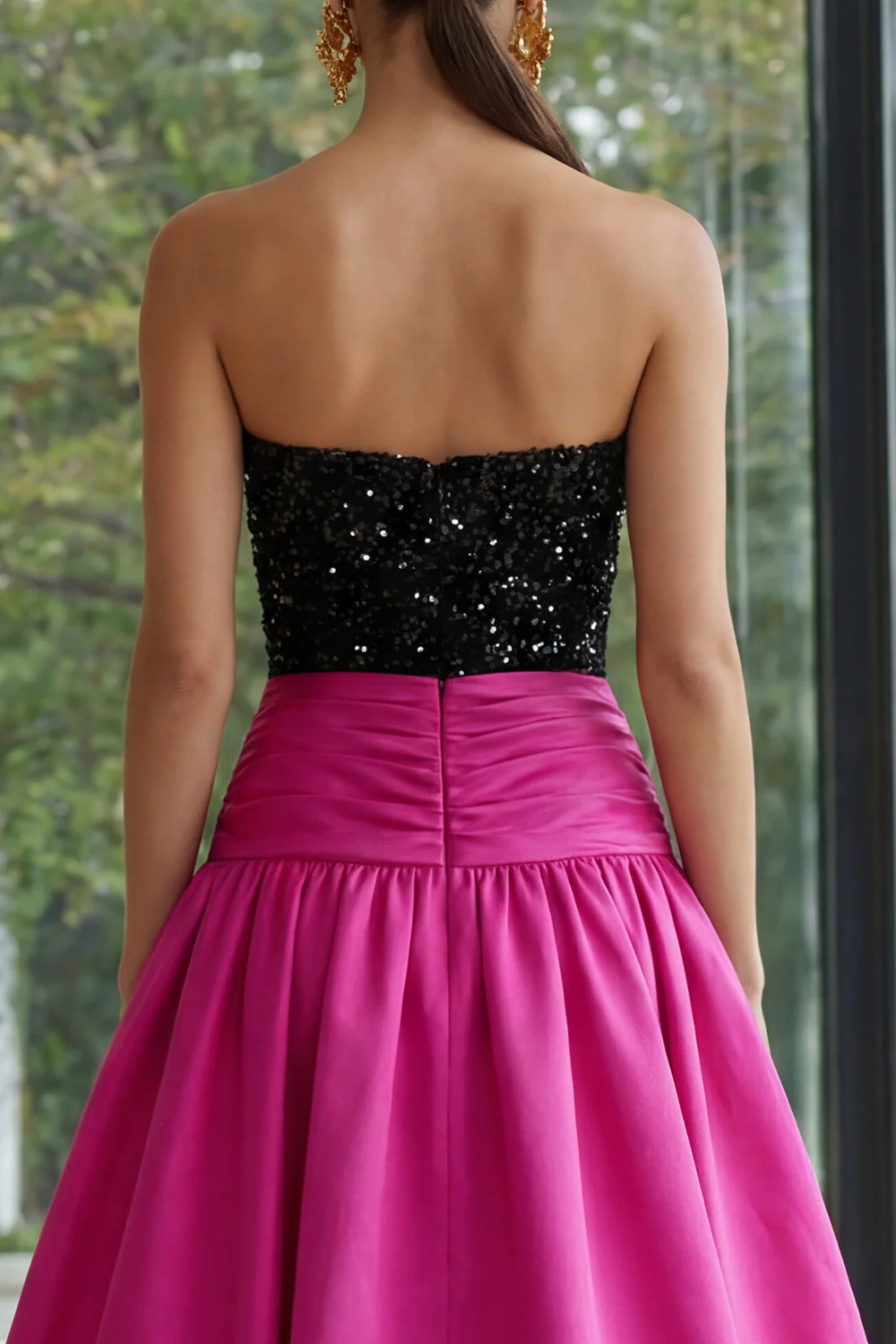 Sparkly Fuchsia and Black A Line Long Strapless Patchwork Formal Dress