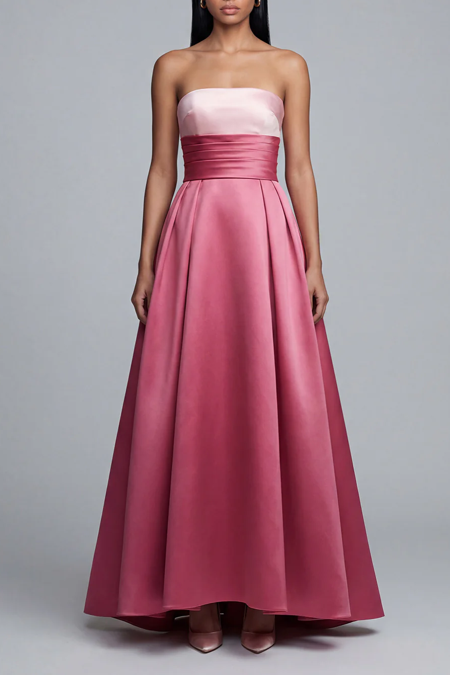 Pink Long A Line Satin Strapless Patchwork Formal Dress
