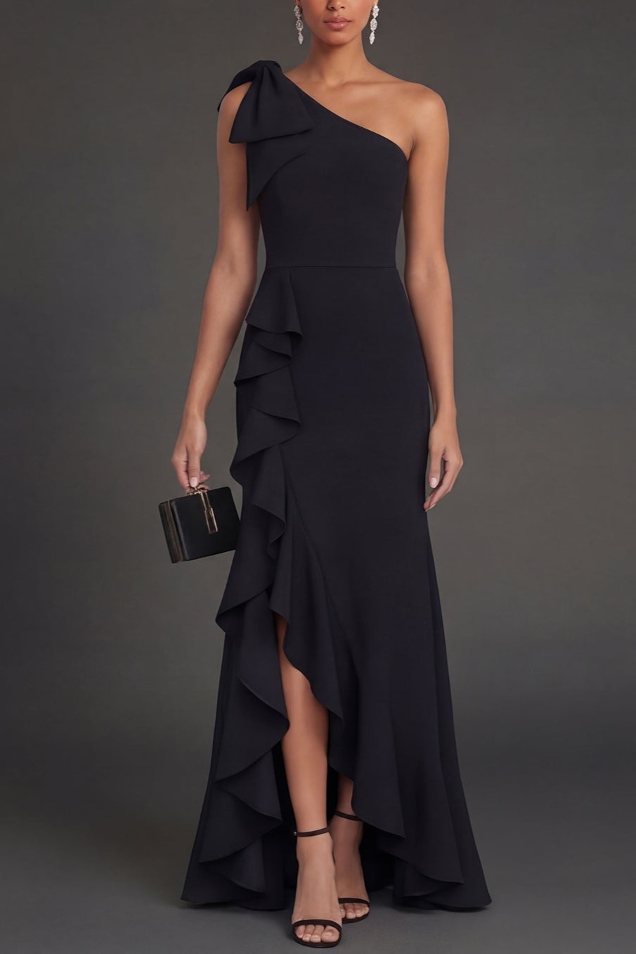 Black Mermaid Ruffled One Shoulder Long Formal Dress with Slit