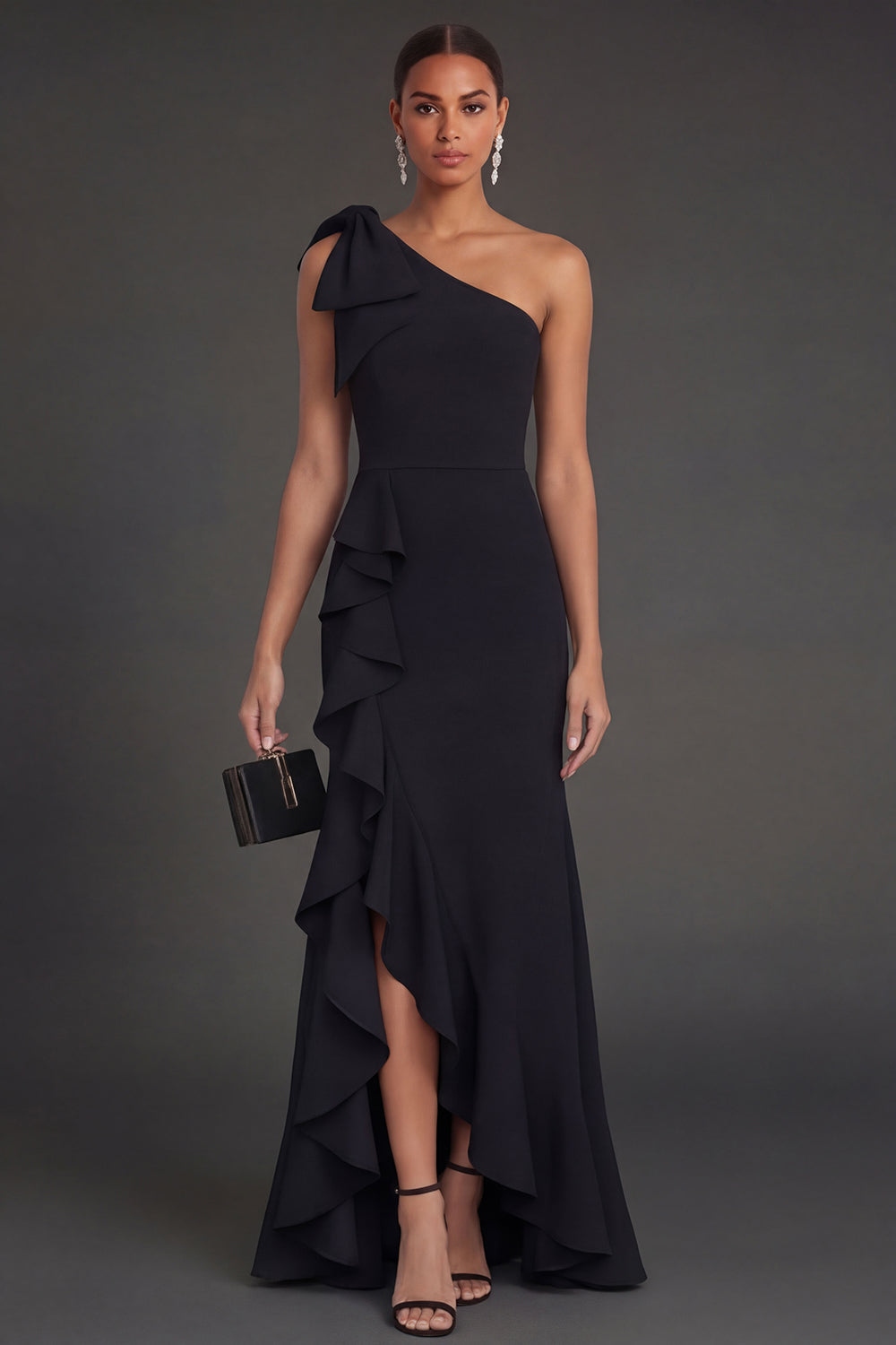 Black Mermaid Ruffled One Shoulder Long Formal Dress with Slit