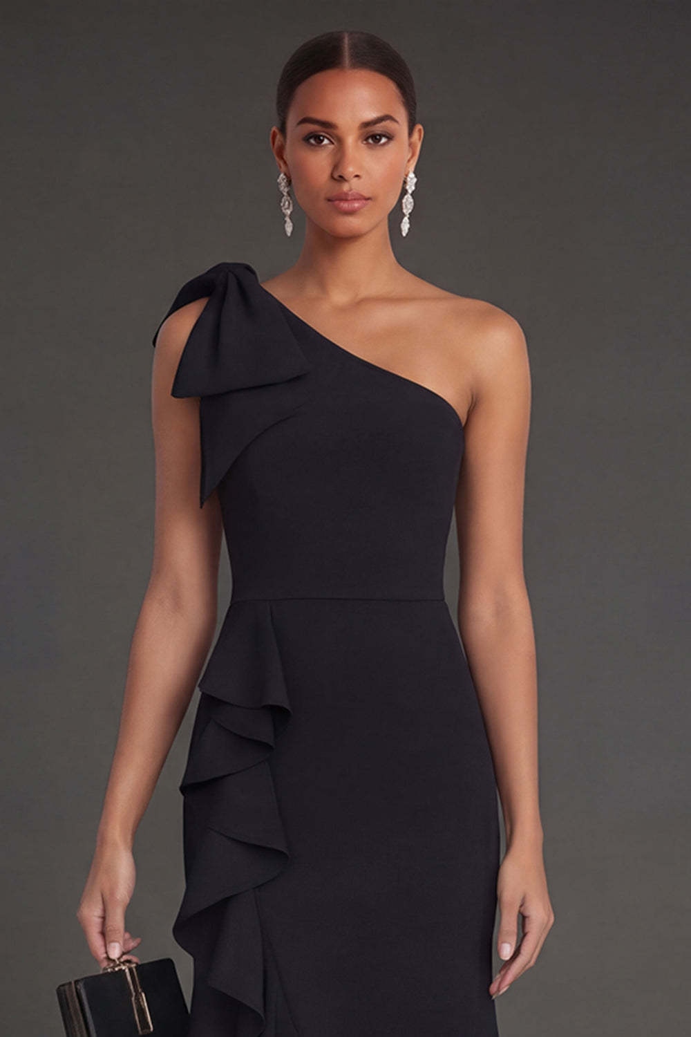 Black Mermaid Ruffled One Shoulder Long Formal Dress with Slit