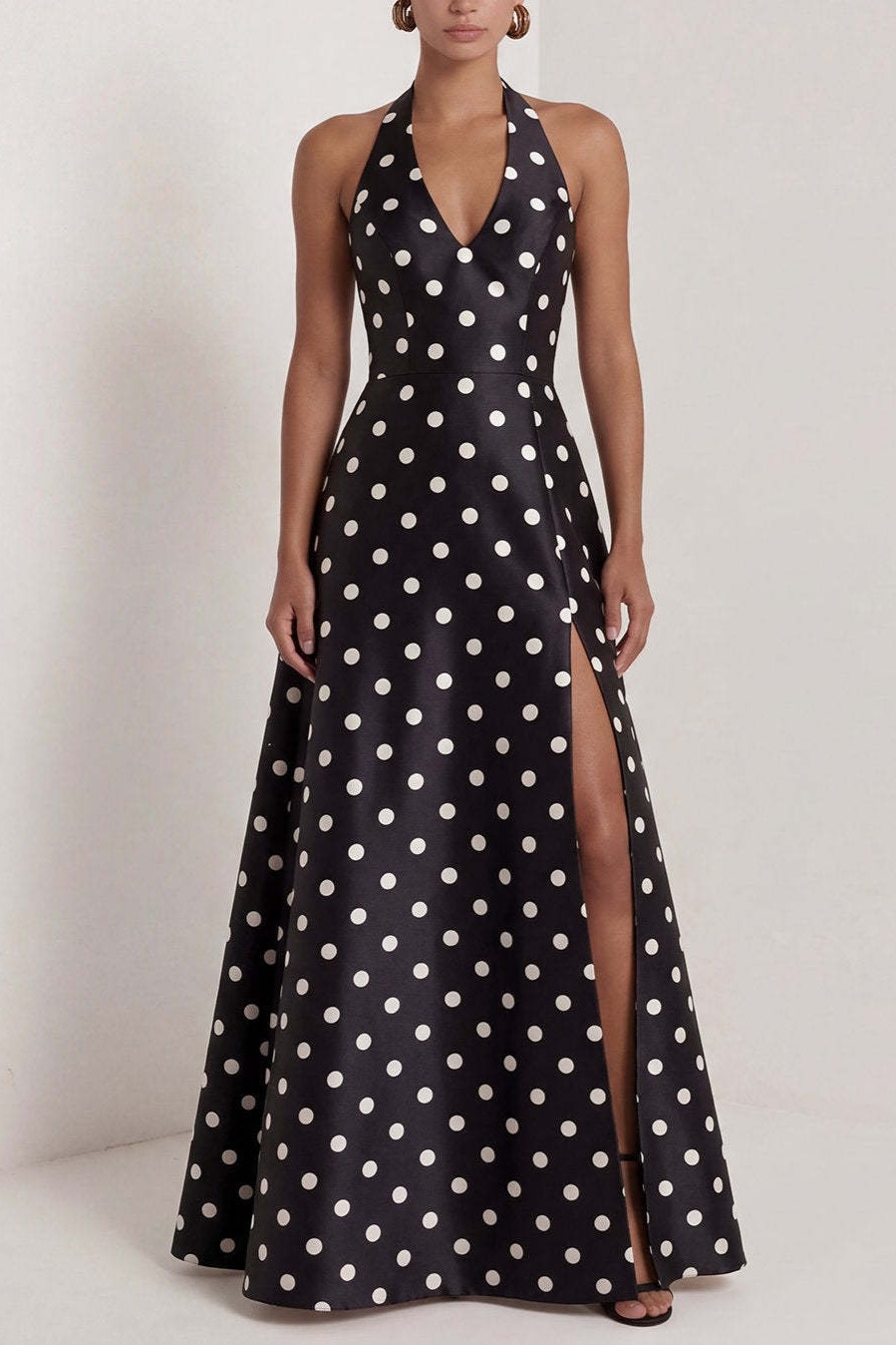 Black White Dots Halter Neck A Line Sleeveless Long Wedding Guest Dress with Slit