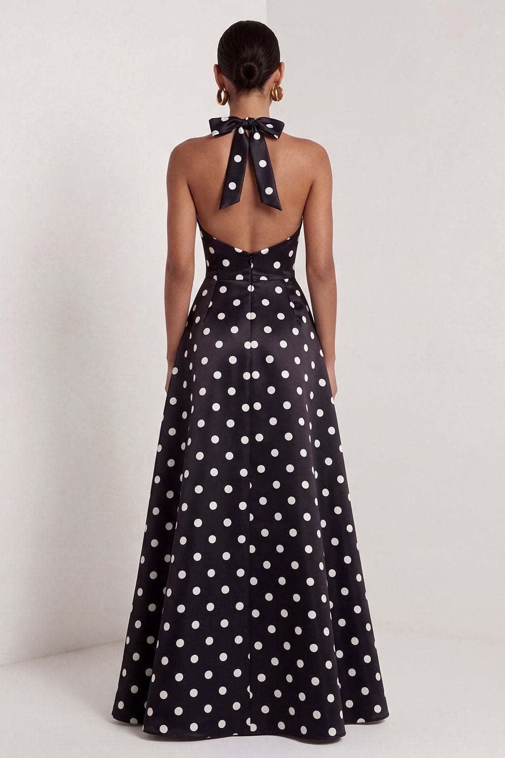 Black White Dots Halter Neck A Line Sleeveless Long Wedding Guest Dress with Slit