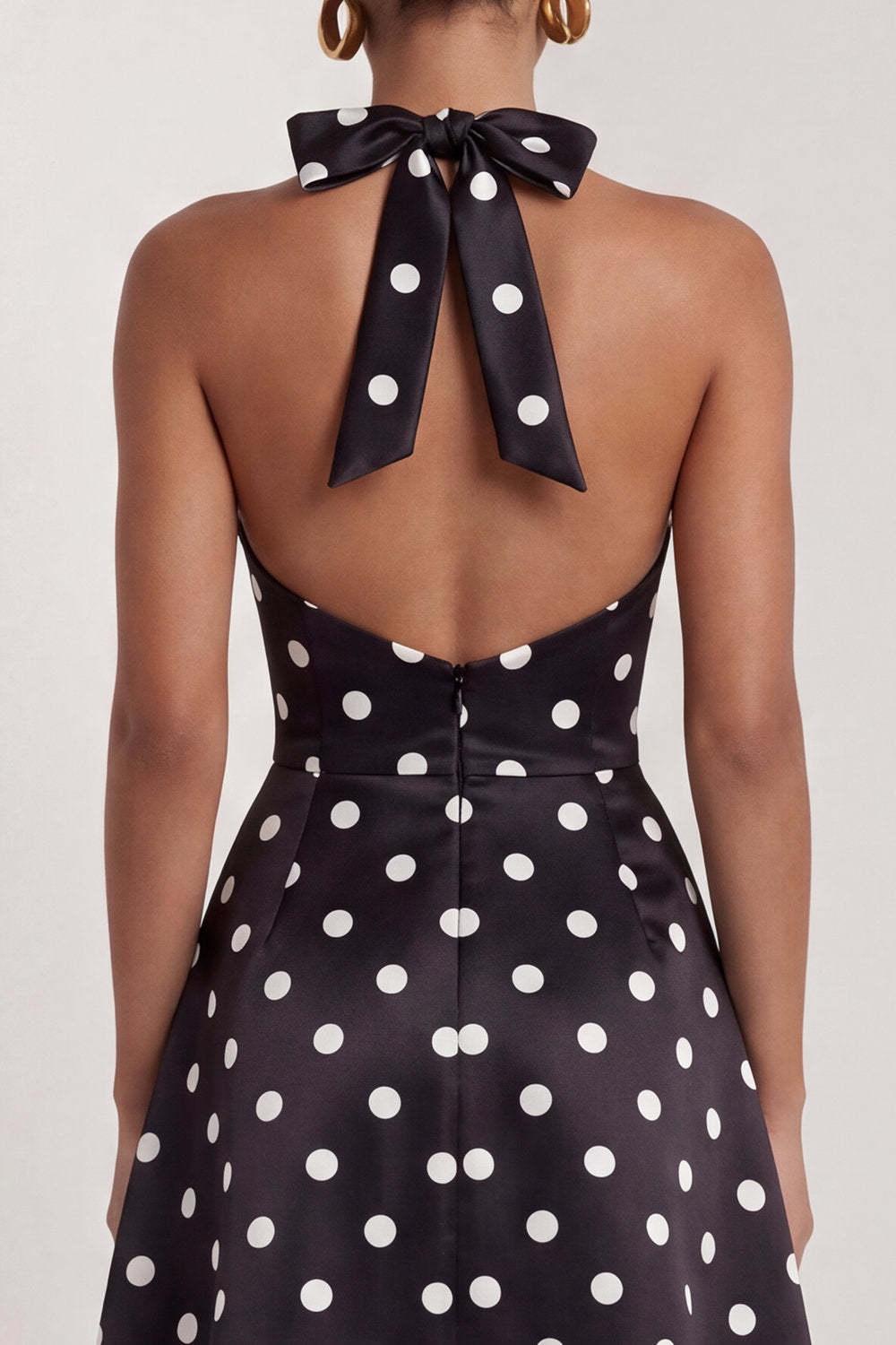 Black White Dots Halter Neck A Line Sleeveless Long Wedding Guest Dress with Slit