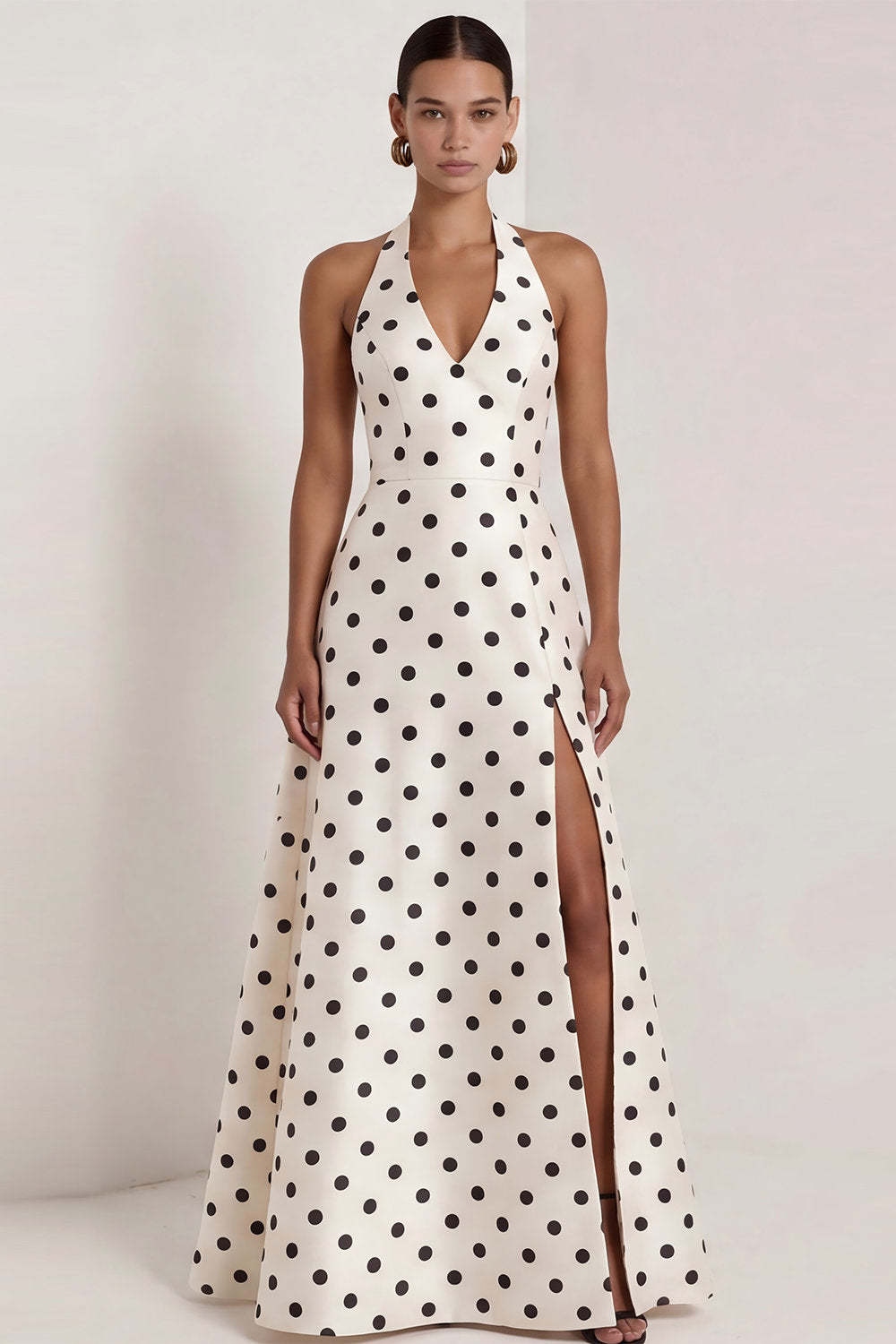 Black White Dots Halter Neck A Line Sleeveless Long Wedding Guest Dress with Slit