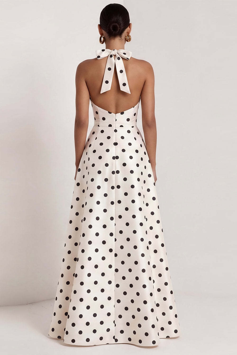 Black White Dots Halter Neck A Line Sleeveless Long Wedding Guest Dress with Slit