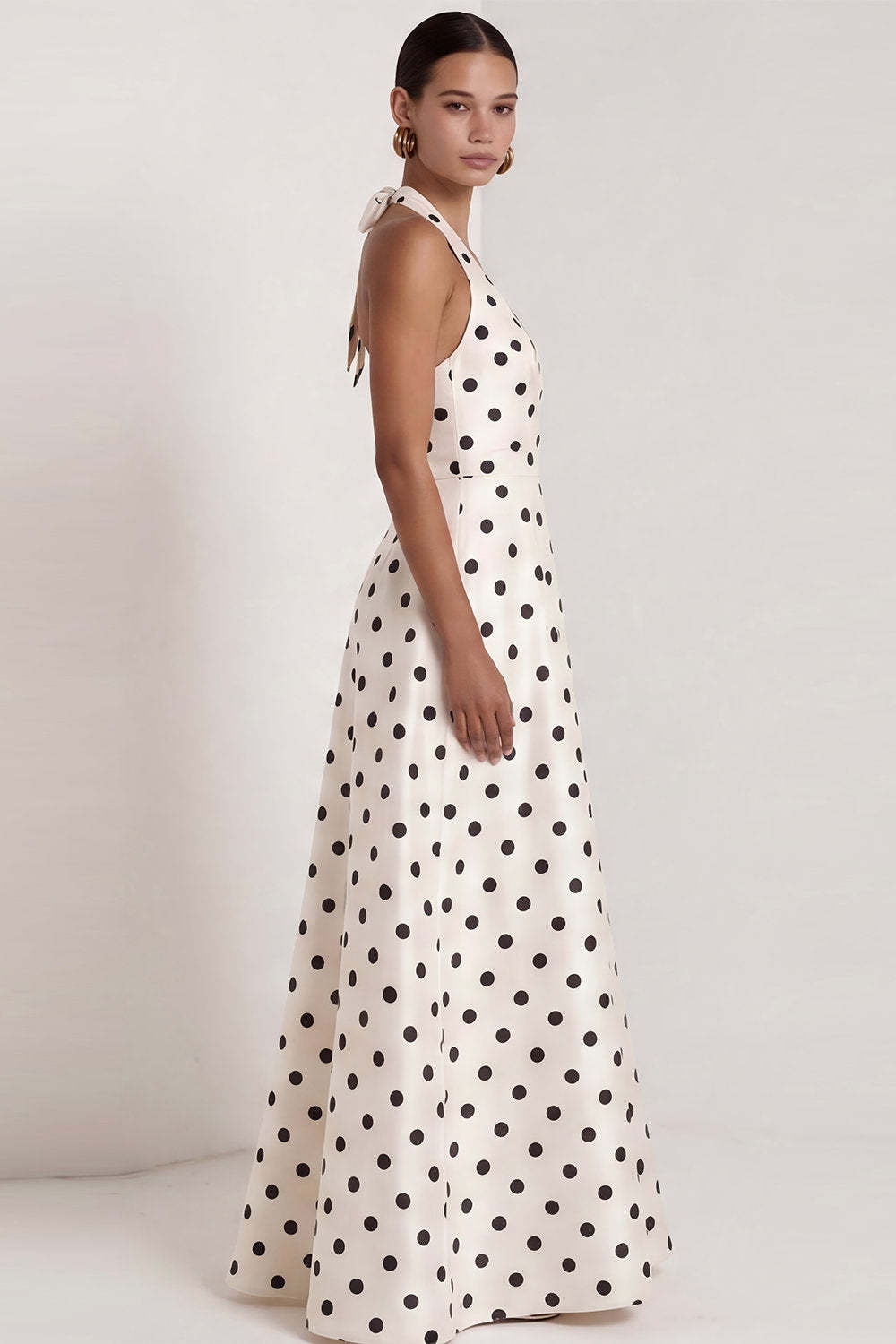 Black White Dots Halter Neck A Line Sleeveless Long Wedding Guest Dress with Slit