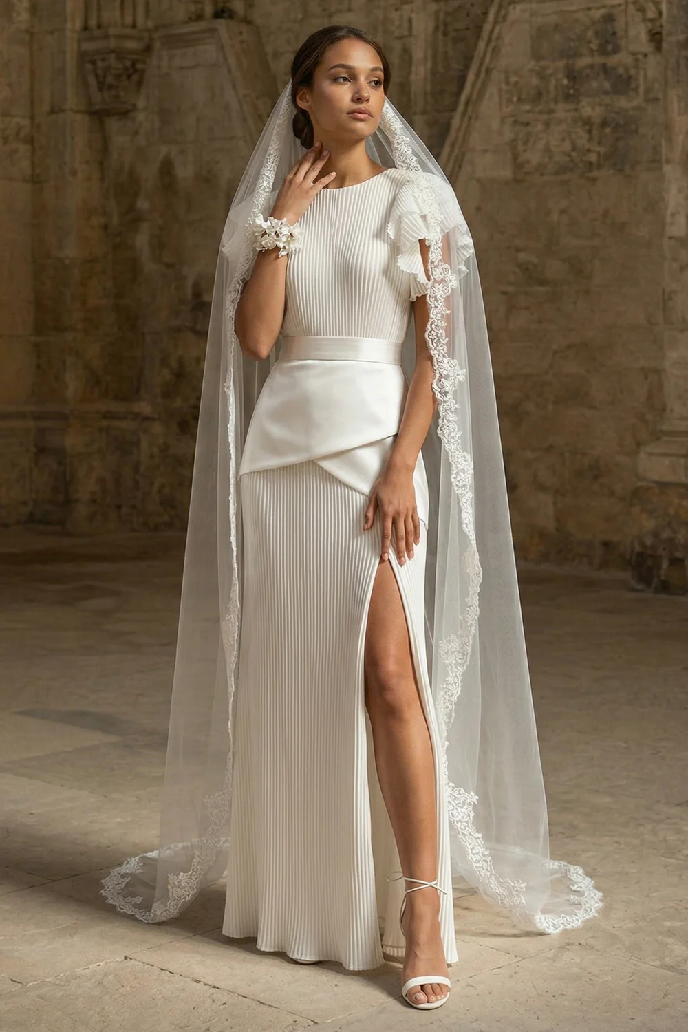 Sheath Maxi White Round Neck Pleated Beach Wedding Dress with Ruffles