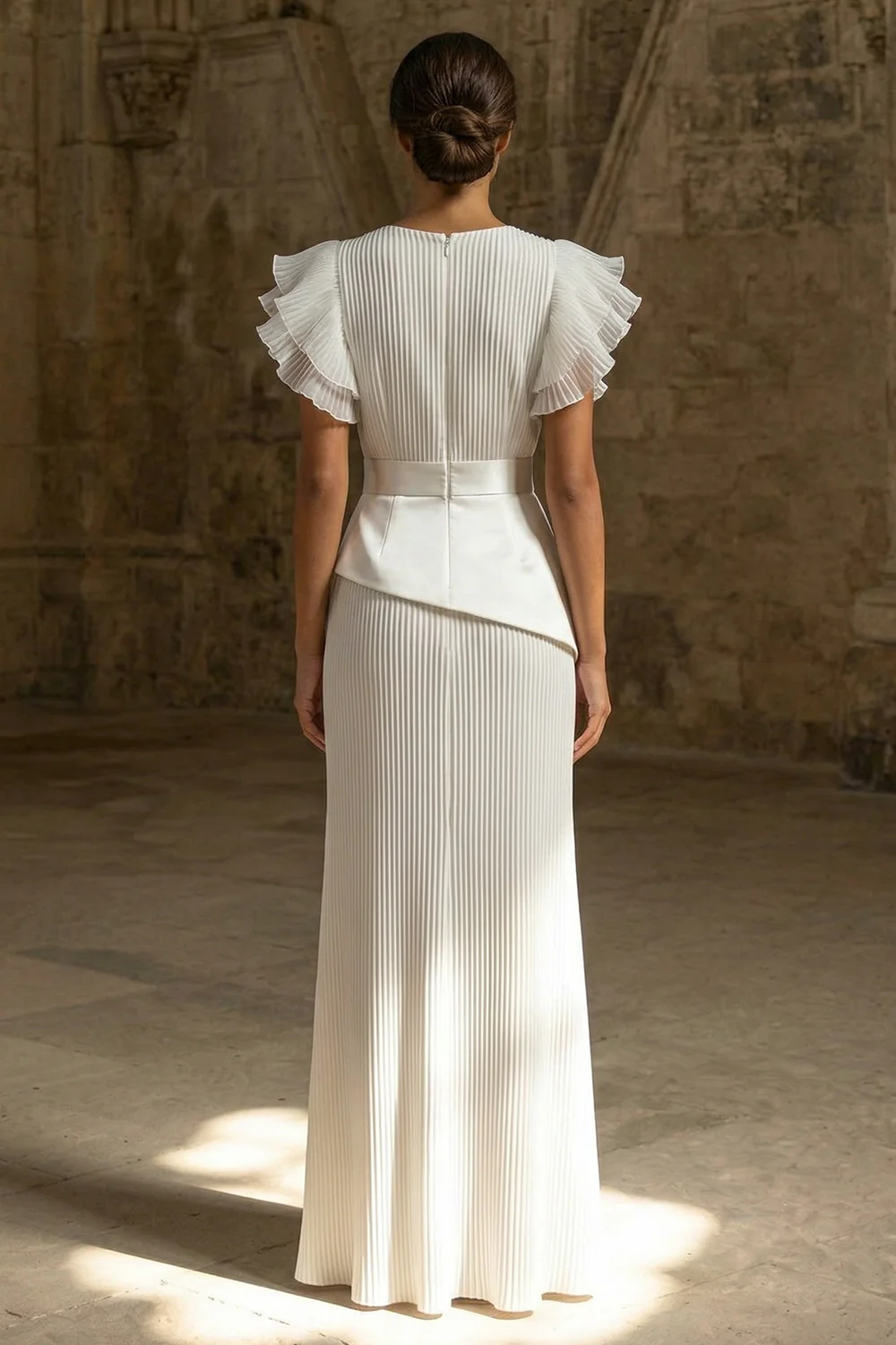 Sheath Maxi White Round Neck Pleated Beach Wedding Dress with Ruffles