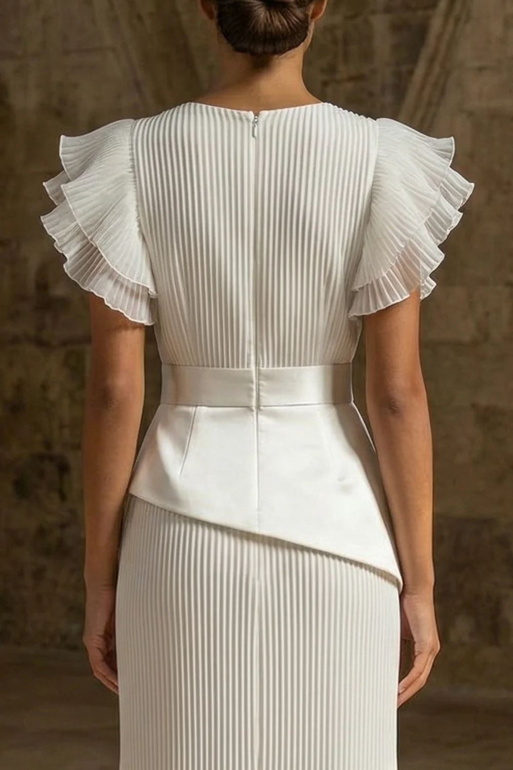 Sheath Maxi White Round Neck Pleated Beach Wedding Dress with Ruffles