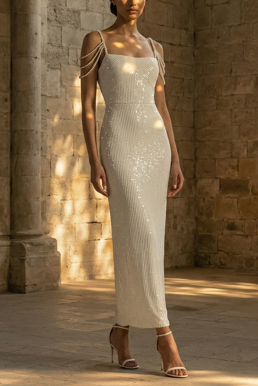 Beaded Sheath Maxi Sparkly White Sequin Wedding Dress