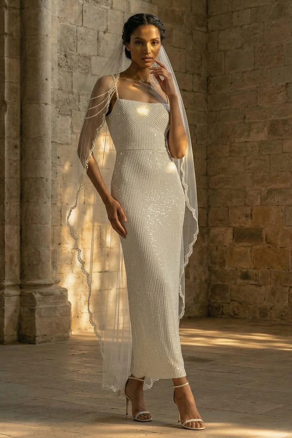 Beaded Sheath Maxi Sparkly White Sequin Wedding Dress