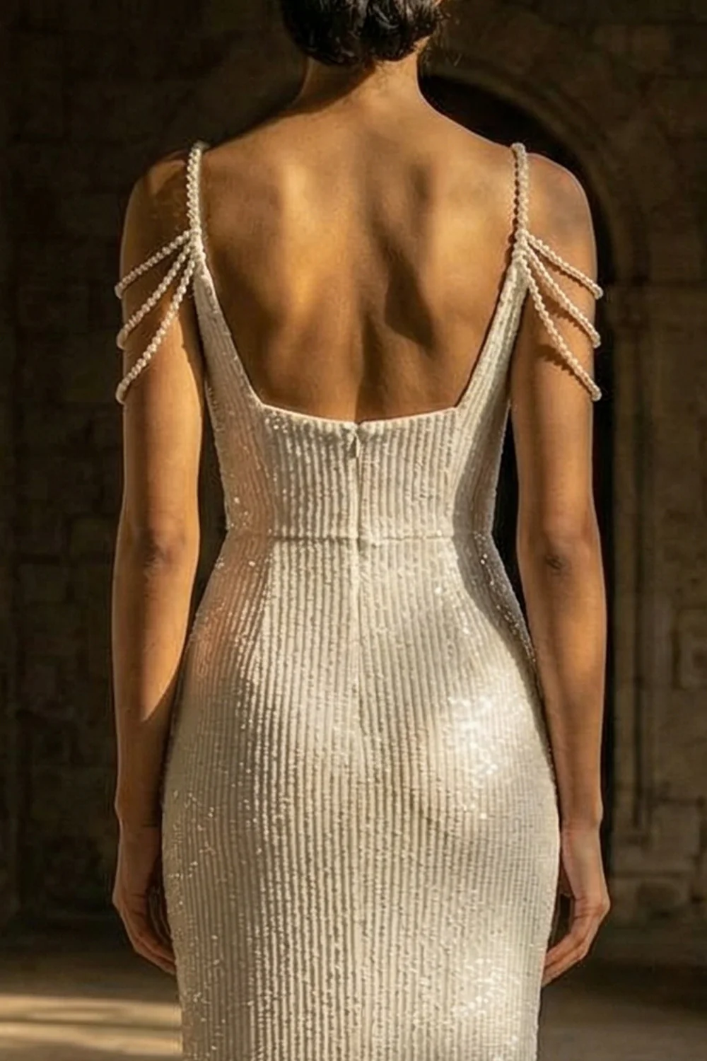 Beaded Sheath Maxi Sparkly White Sequin Wedding Dress