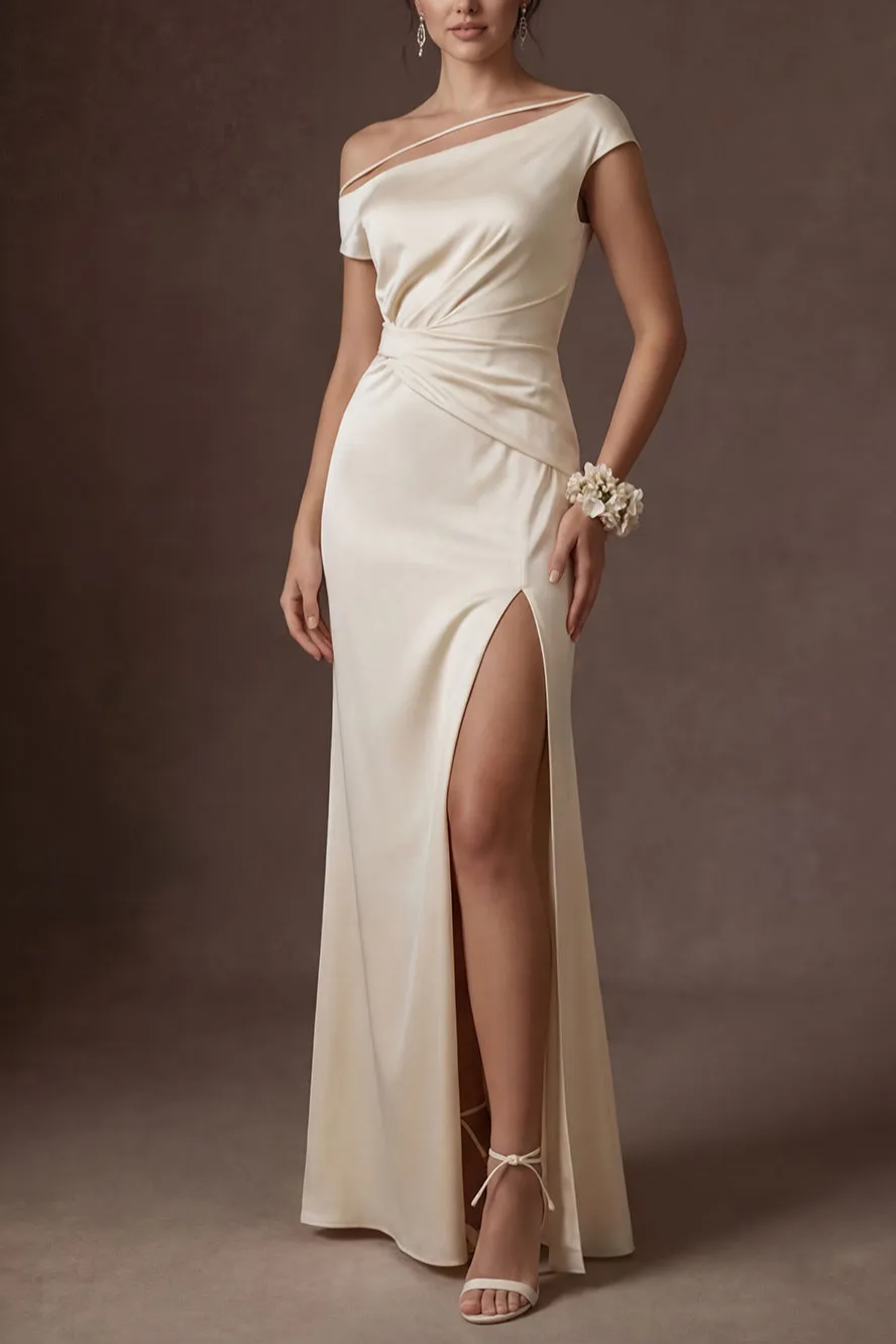 Sheath White Ruched One Shoulder Satin Long Bridal Dress