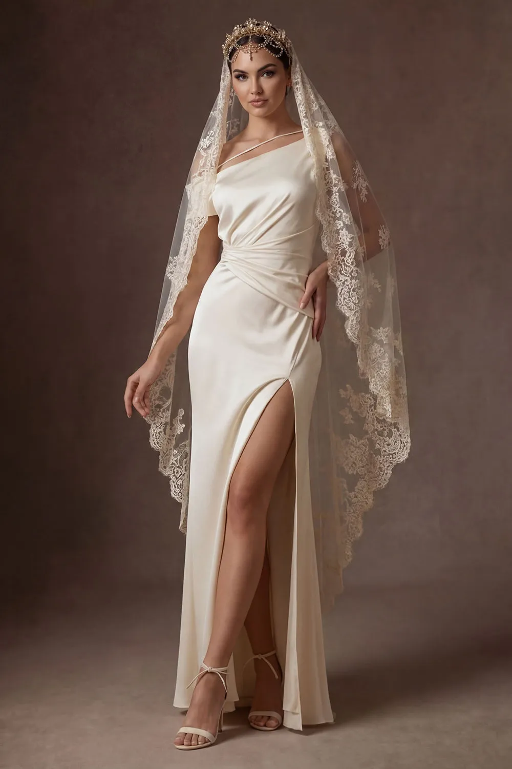 Sheath White Ruched One Shoulder Satin Long Bridal Dress