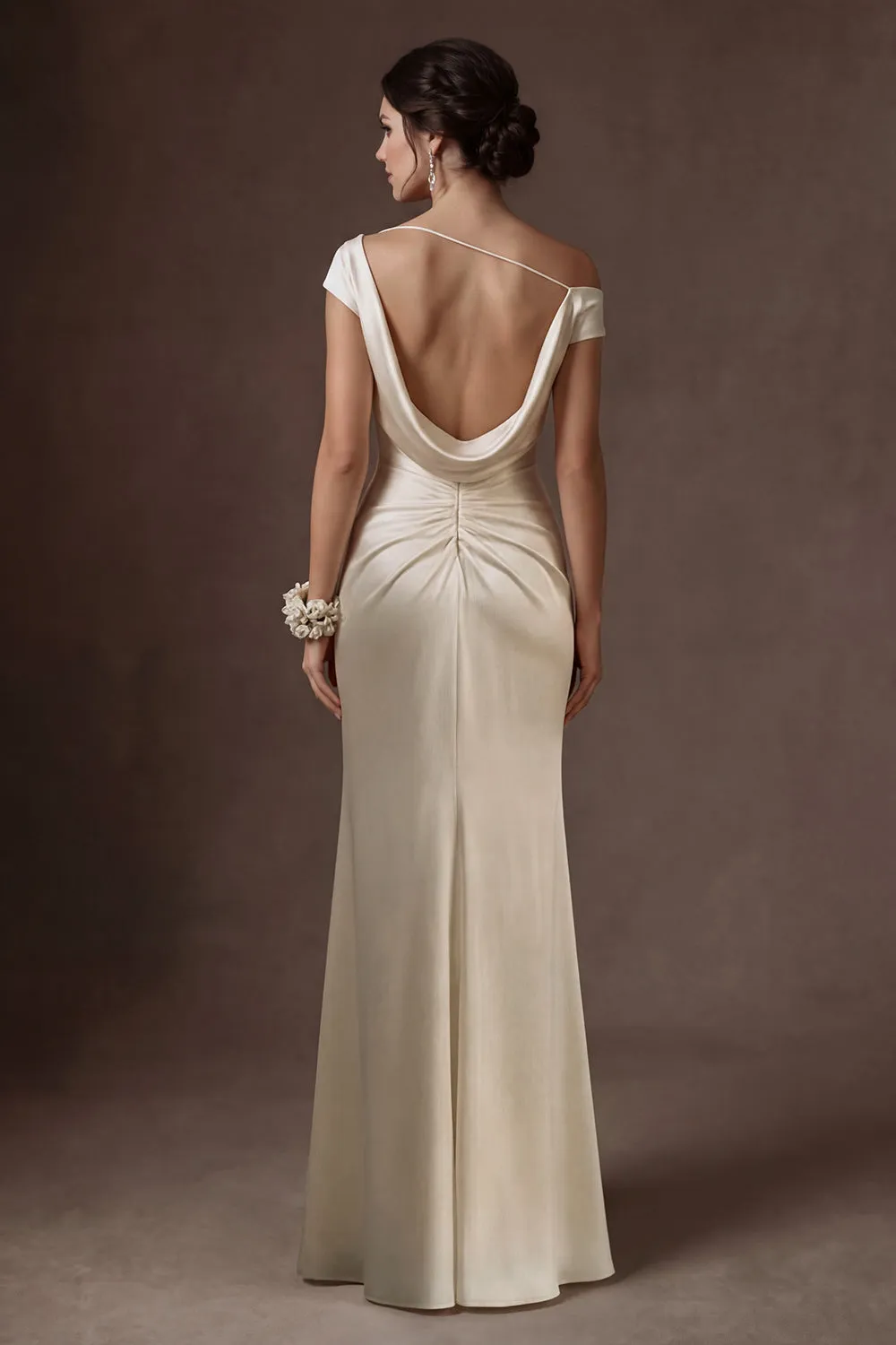 Sheath White Ruched One Shoulder Satin Long Bridal Dress