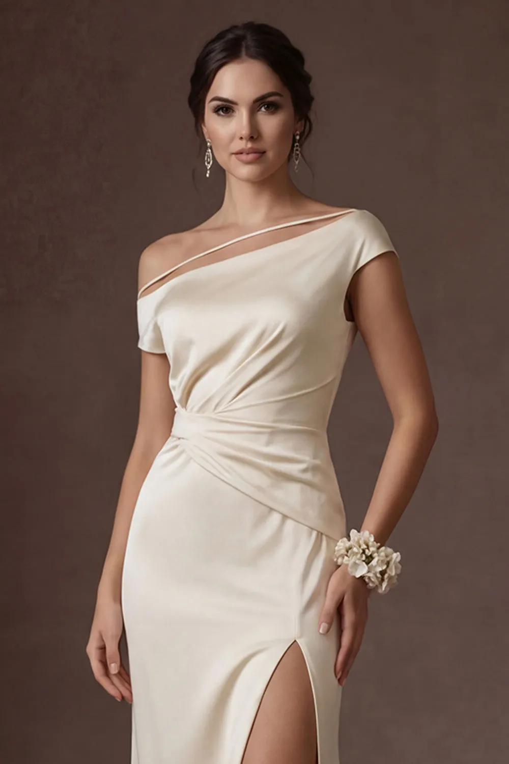 Sheath White Ruched One Shoulder Satin Long Bridal Dress