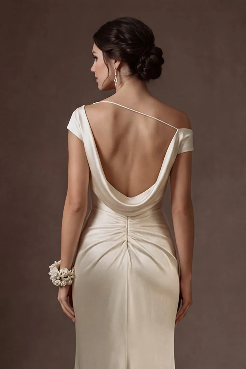 Sheath White Ruched One Shoulder Satin Long Bridal Dress