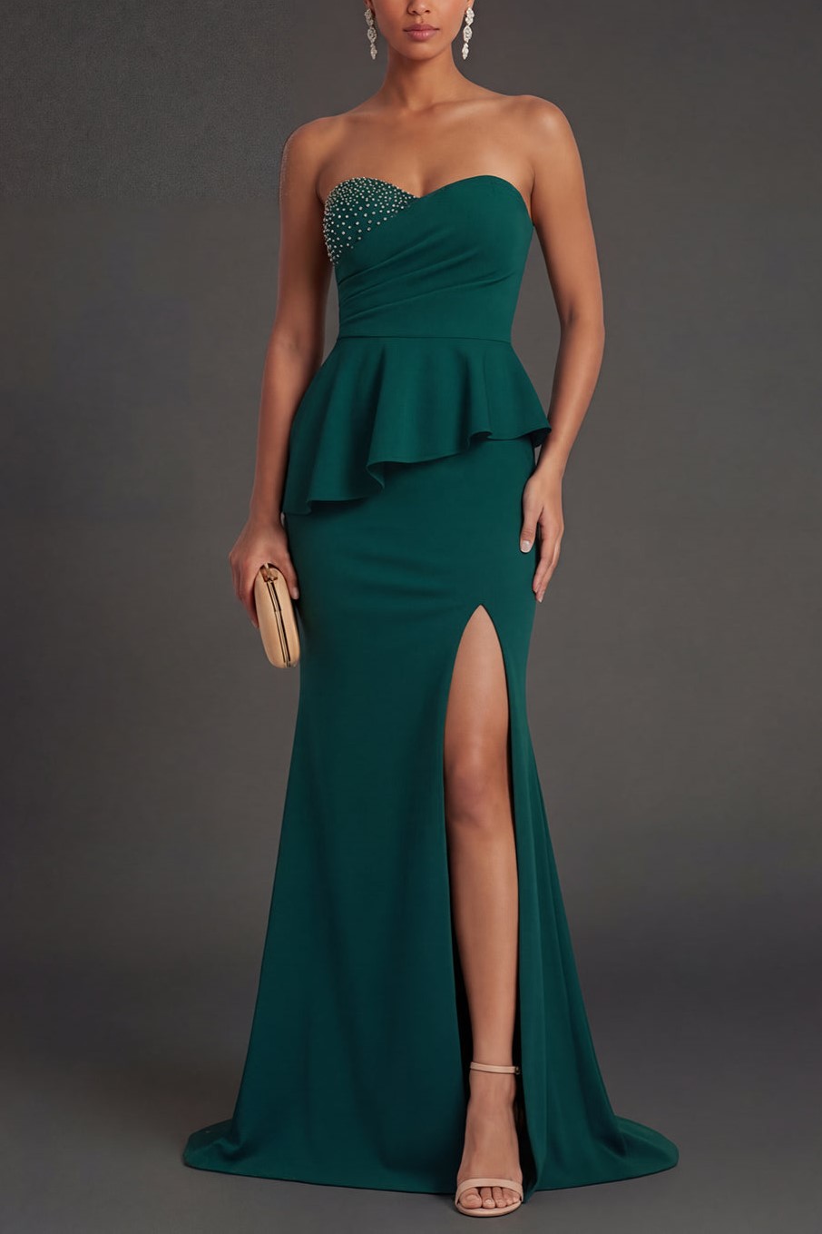 Dark Green Sweetheart Mermaid Ruffled Long Formal Dress with Slit