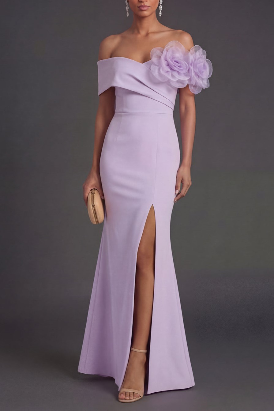 Lilac Off the Shoulder Mermaid Flower Long Formal Dress with Slit
