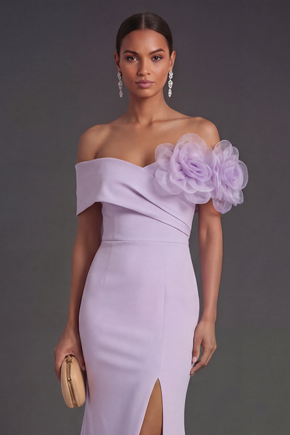 Lilac Off the Shoulder Mermaid Flower Long Formal Dress with Slit