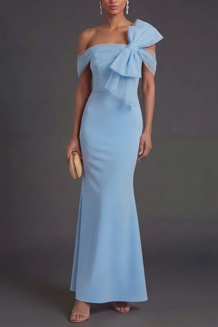 Sky Blue Off the Shoulder Mermaid Long Formal Dress with Bow