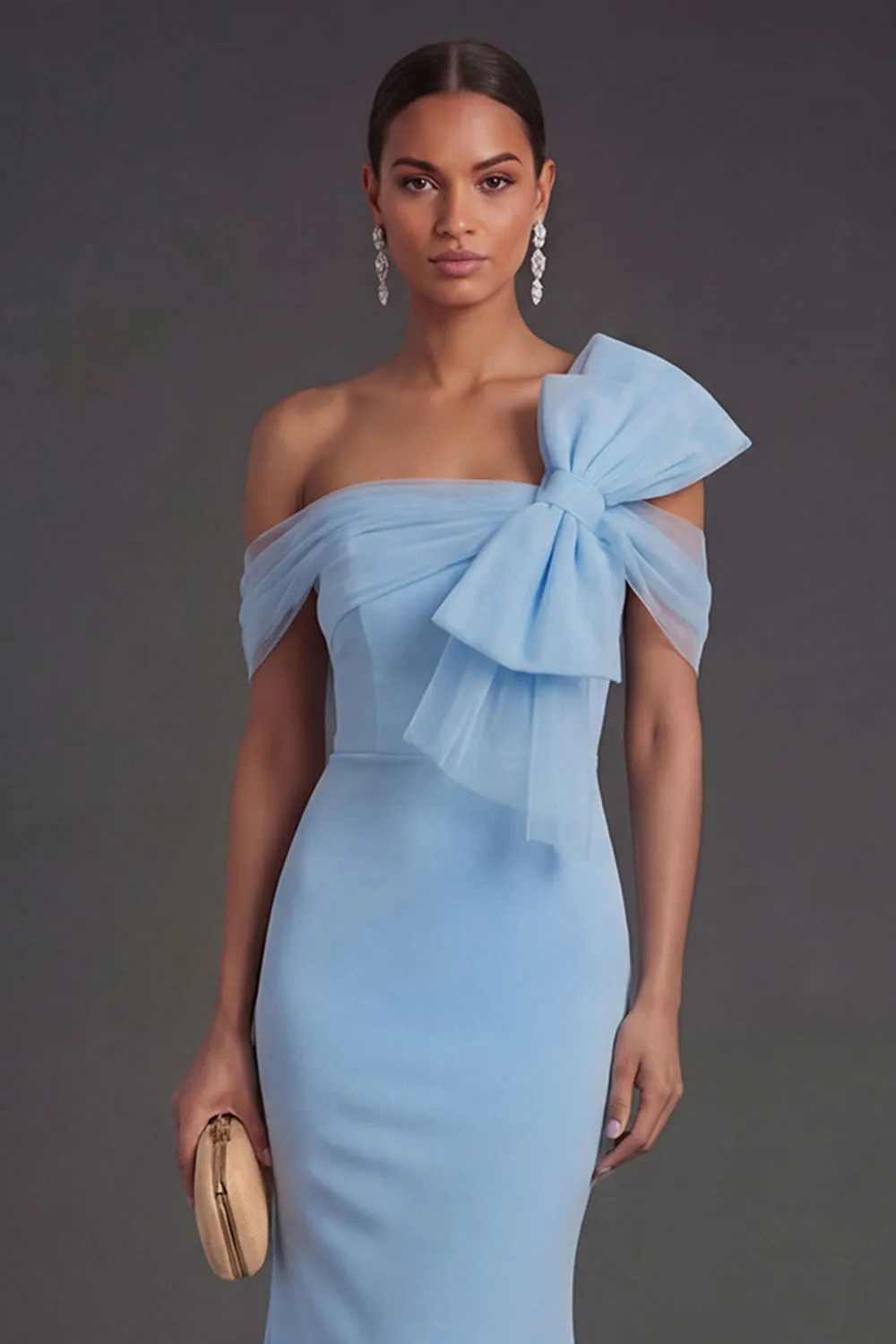Sky Blue Off the Shoulder Mermaid Long Formal Dress with Bow