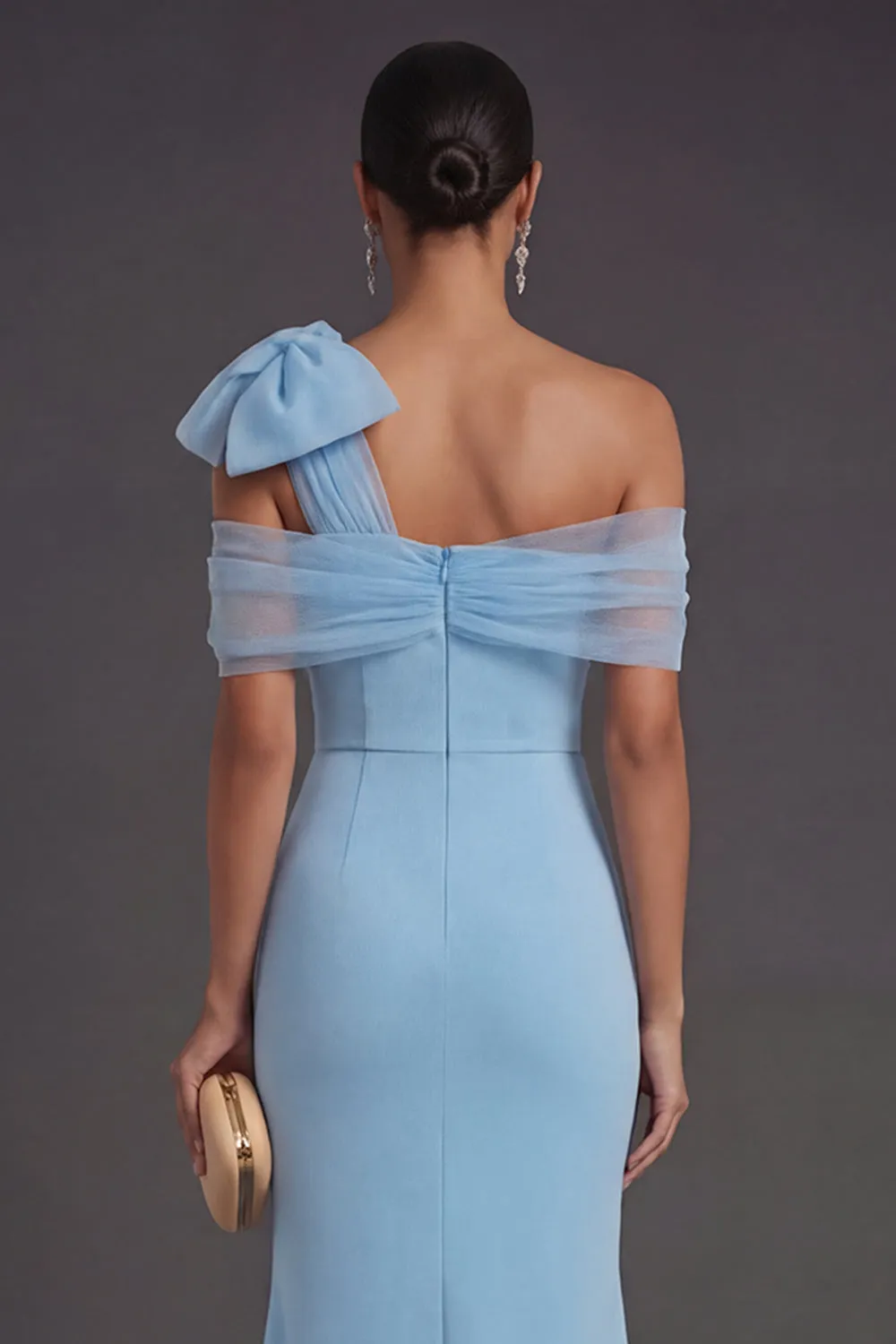 Sky Blue Off the Shoulder Mermaid Long Formal Dress with Bow