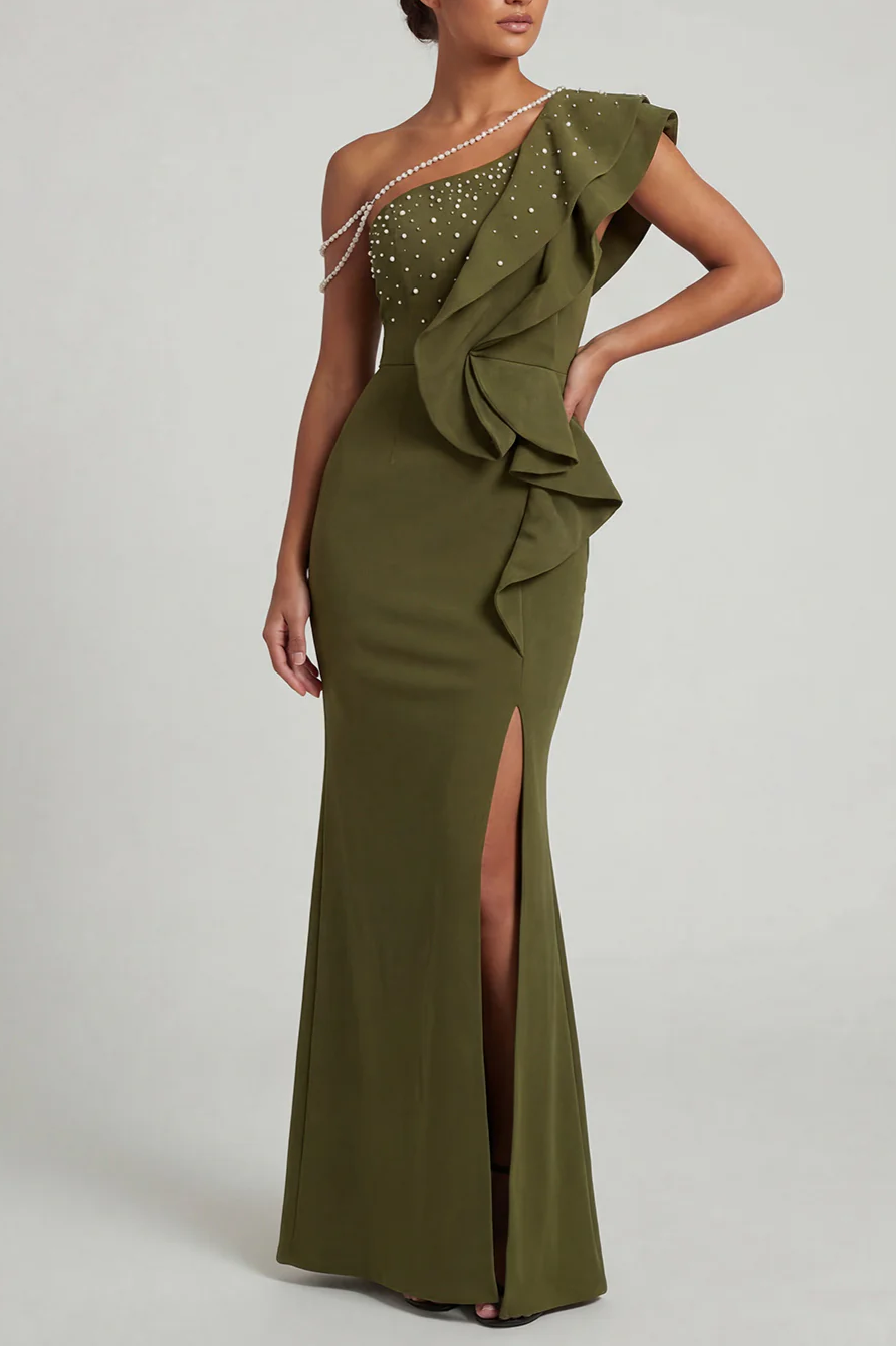 Mermaid Beaded Olive Long Mother of the Bride Dress with Ruffles