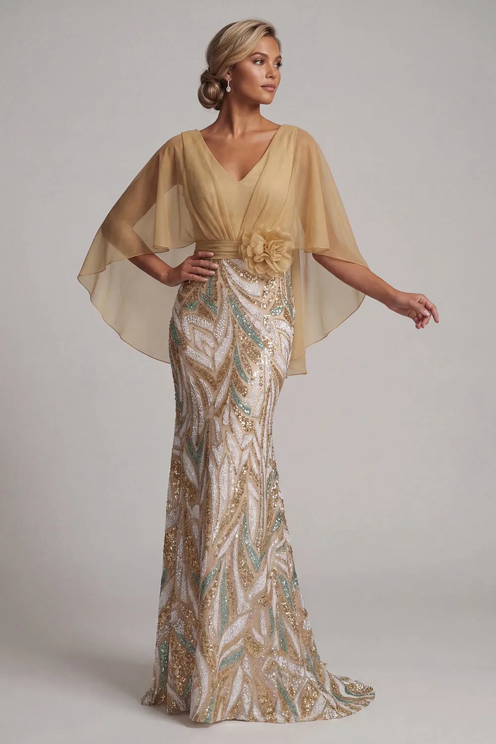 Sparkly Champagne Mermaid Sequins Floral with Cape Maxi Dress