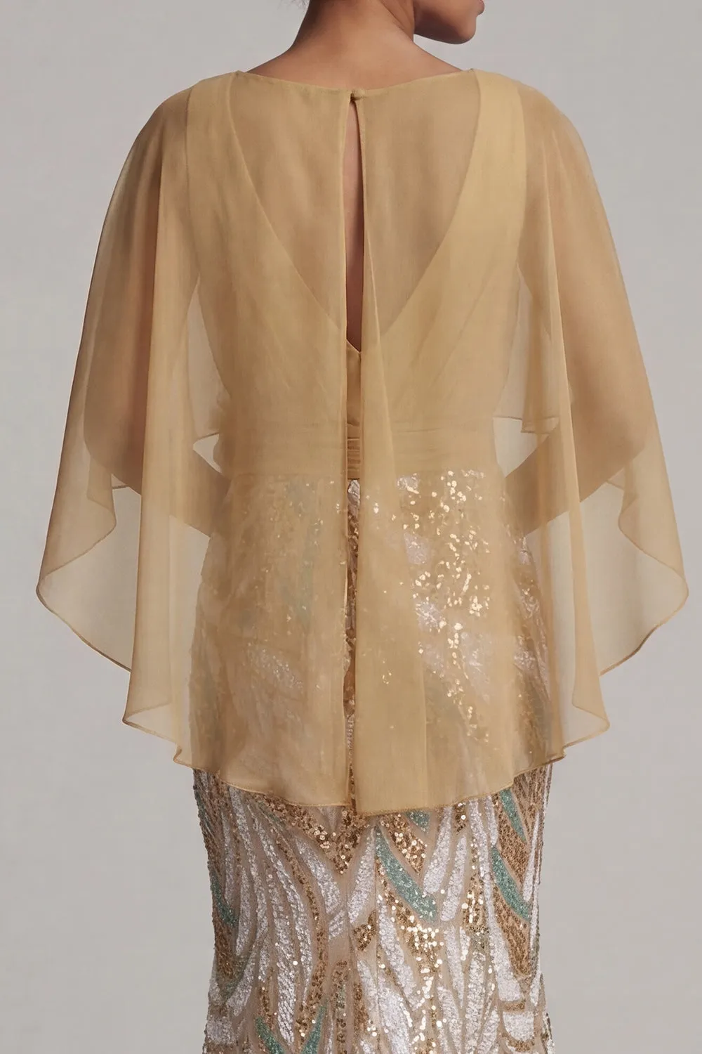 Sparkly Champagne Mermaid Sequins Floral with Cape Maxi Dress