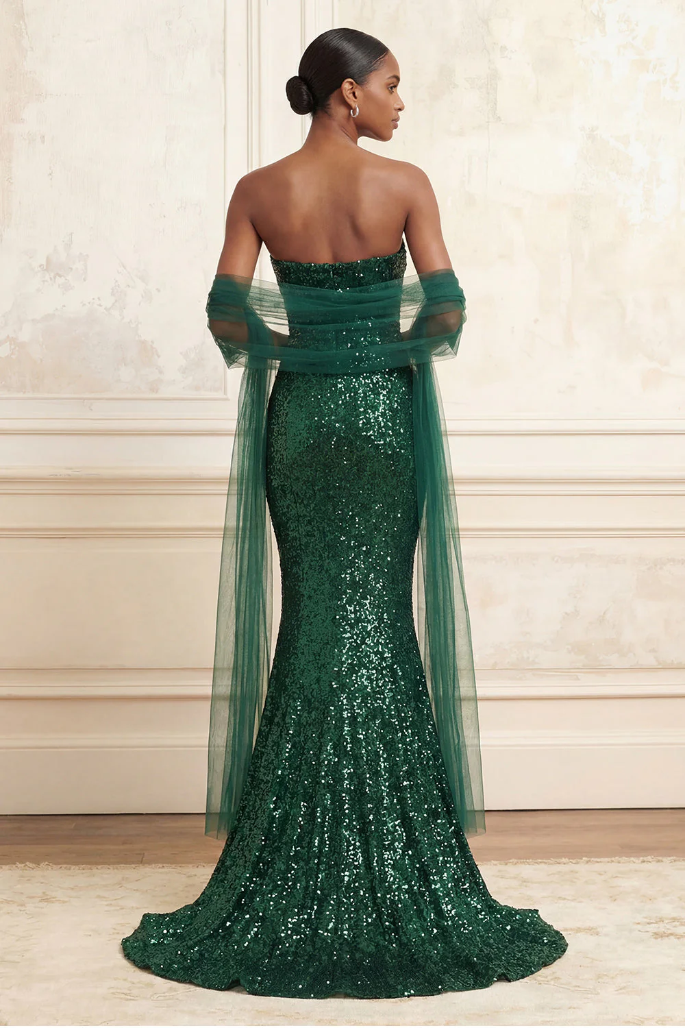 Sparkly Dark Green Strapless Mermaid Sequin Long Gala Dress with Shawl