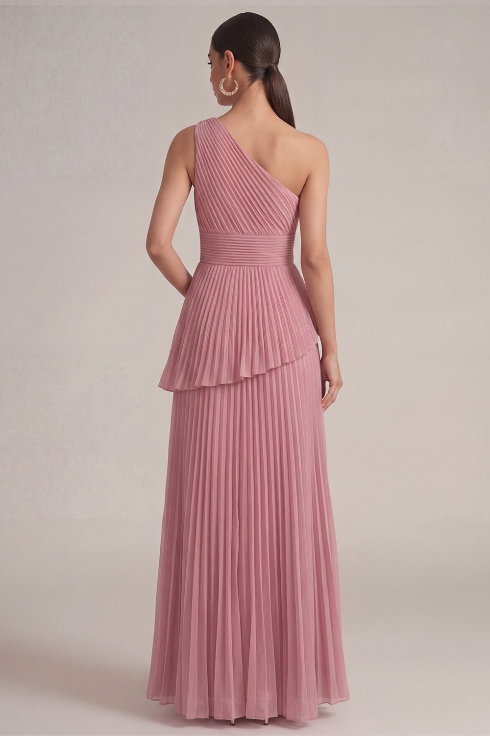 Rose Pink Wedding Guest Dress A-Line One Shoulder Pleated Maxi Dress