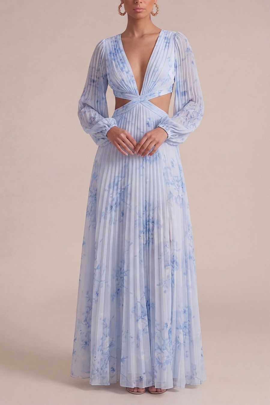 Blue Flower Wedding Guest Dress V-Neck Long Sleeve Maxi Dress