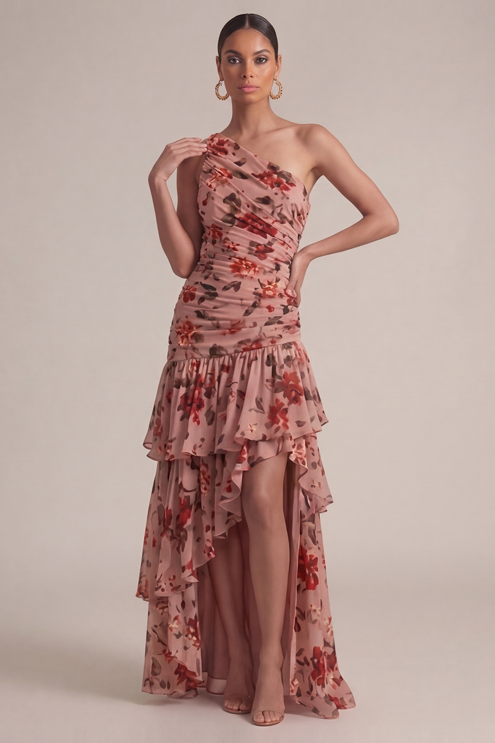 Dusty Rose Flower Wedding Guest Dress One Shoulder High-Low Dress