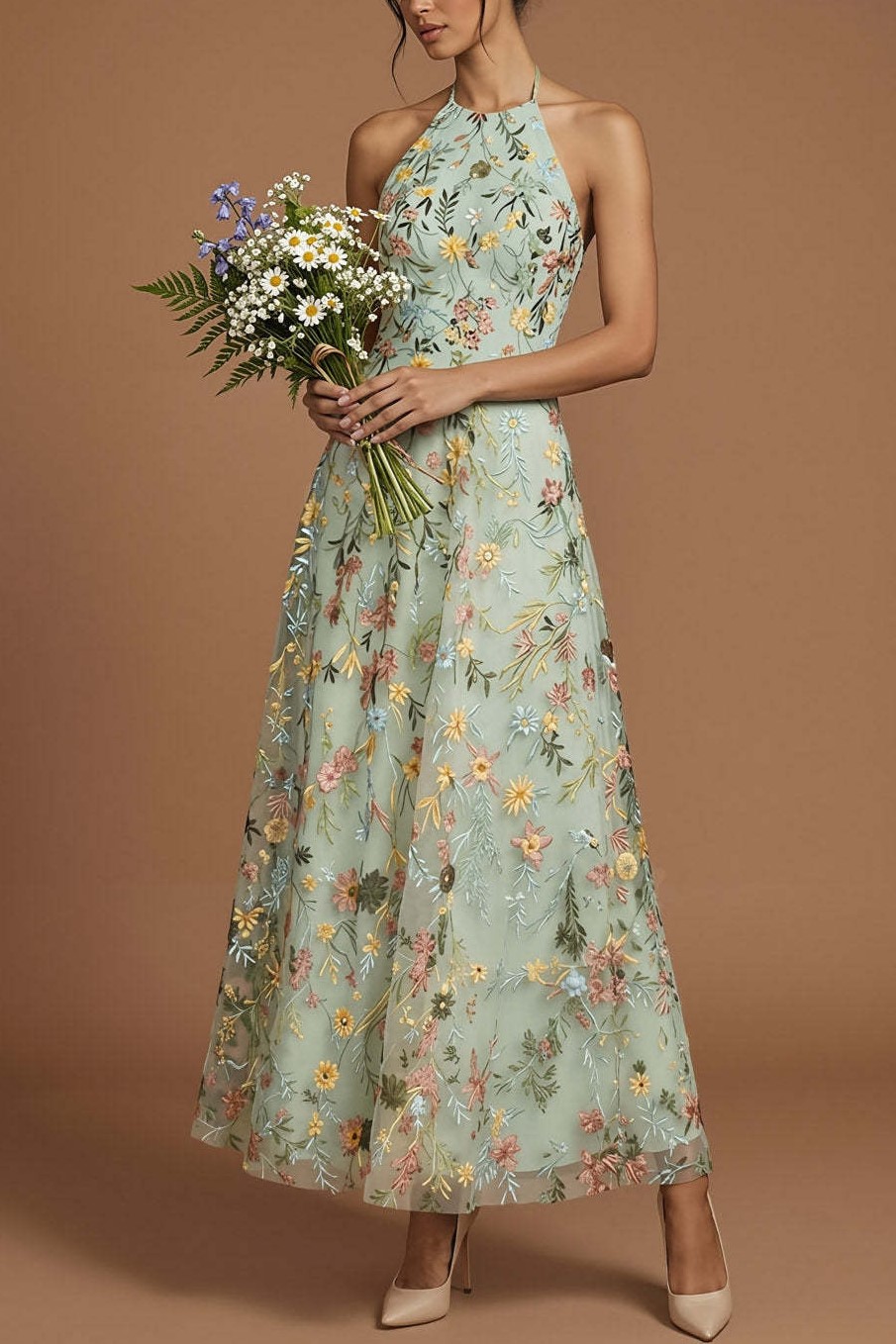 Green Floral A Line Embroidered Halter Neck Long Formal Dress