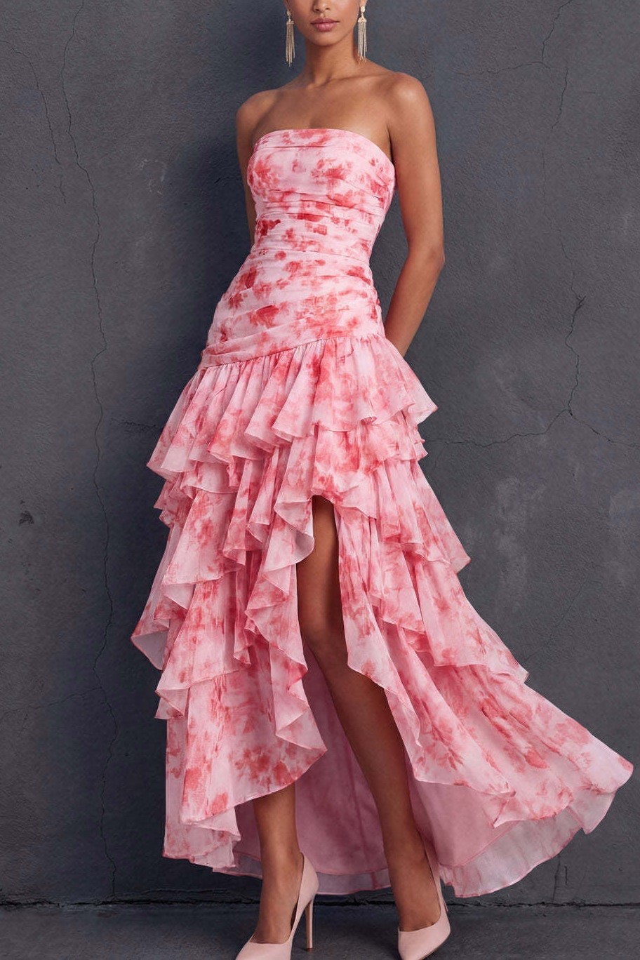 Pink Floral Ruffled Tiered Strapless Draped Long Wedding Guest Dress with Slit