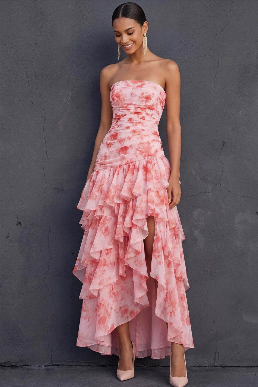 Pink Floral Ruffled Tiered Strapless Draped Long Wedding Guest Dress with Slit