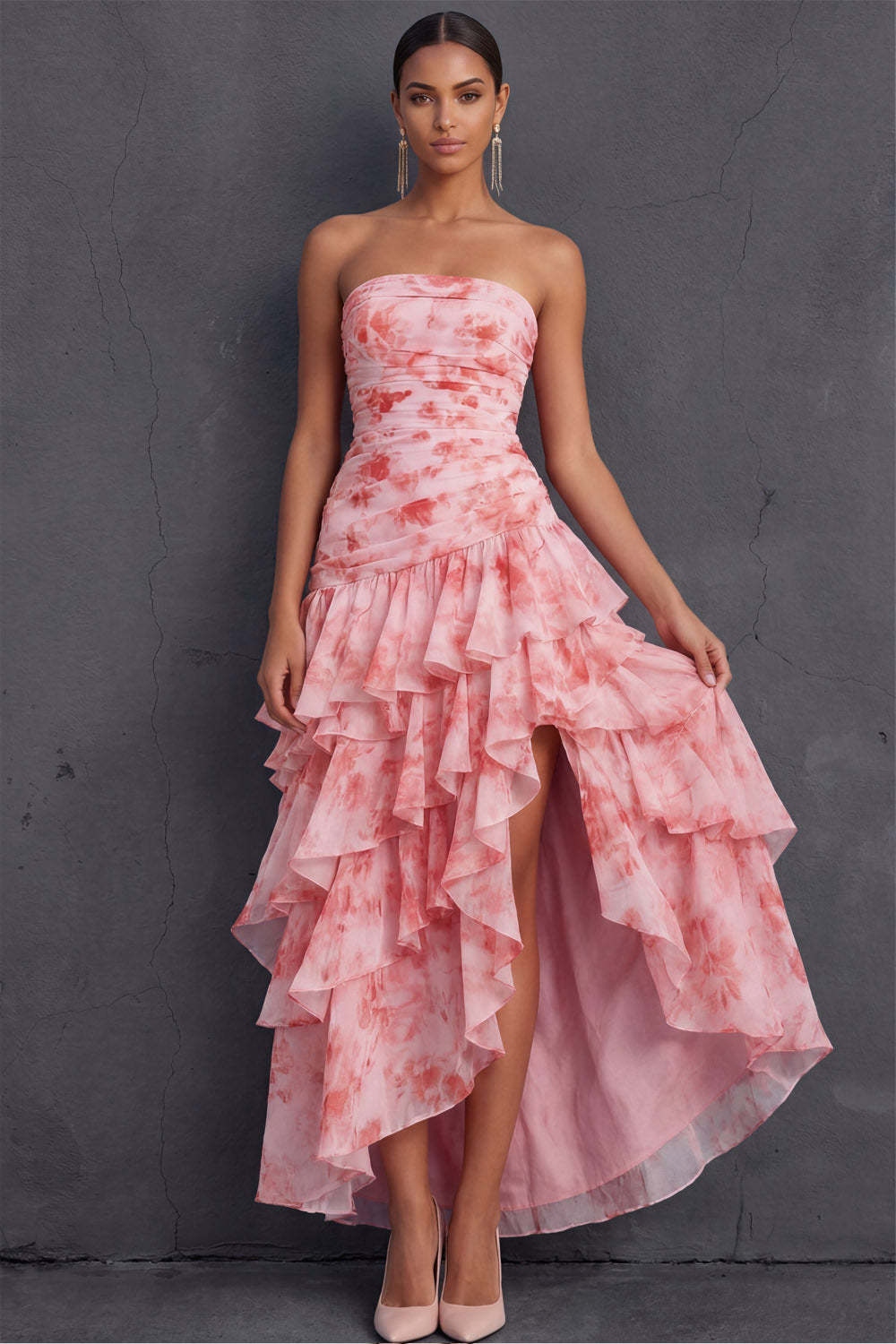 Pink Floral Ruffled Tiered Strapless Draped Long Wedding Guest Dress with Slit