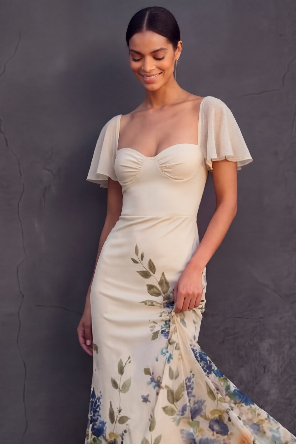 Champagne Floral Wedding Guest Dress Mermaid Flutter Sleeve Maxi Dress