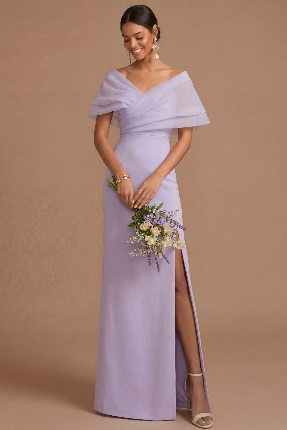 Lilac Wedding Guest Dress Sheath Off the Shoulder Maxi Dress with Slit